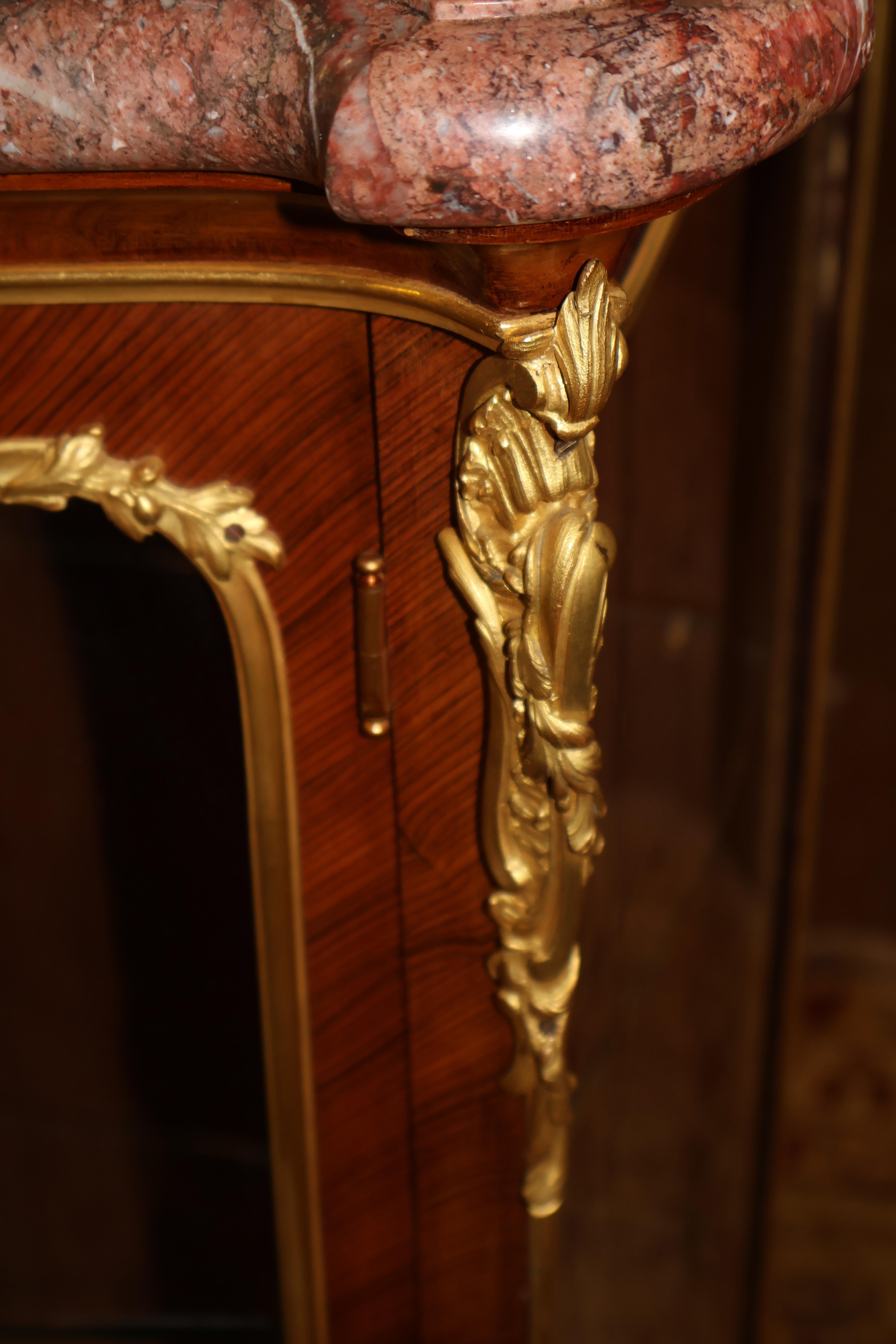 Bronze Marble Top French Ormolu Kingwood Inlaid Marquetry Vitrine Attributed To Linke For Sale