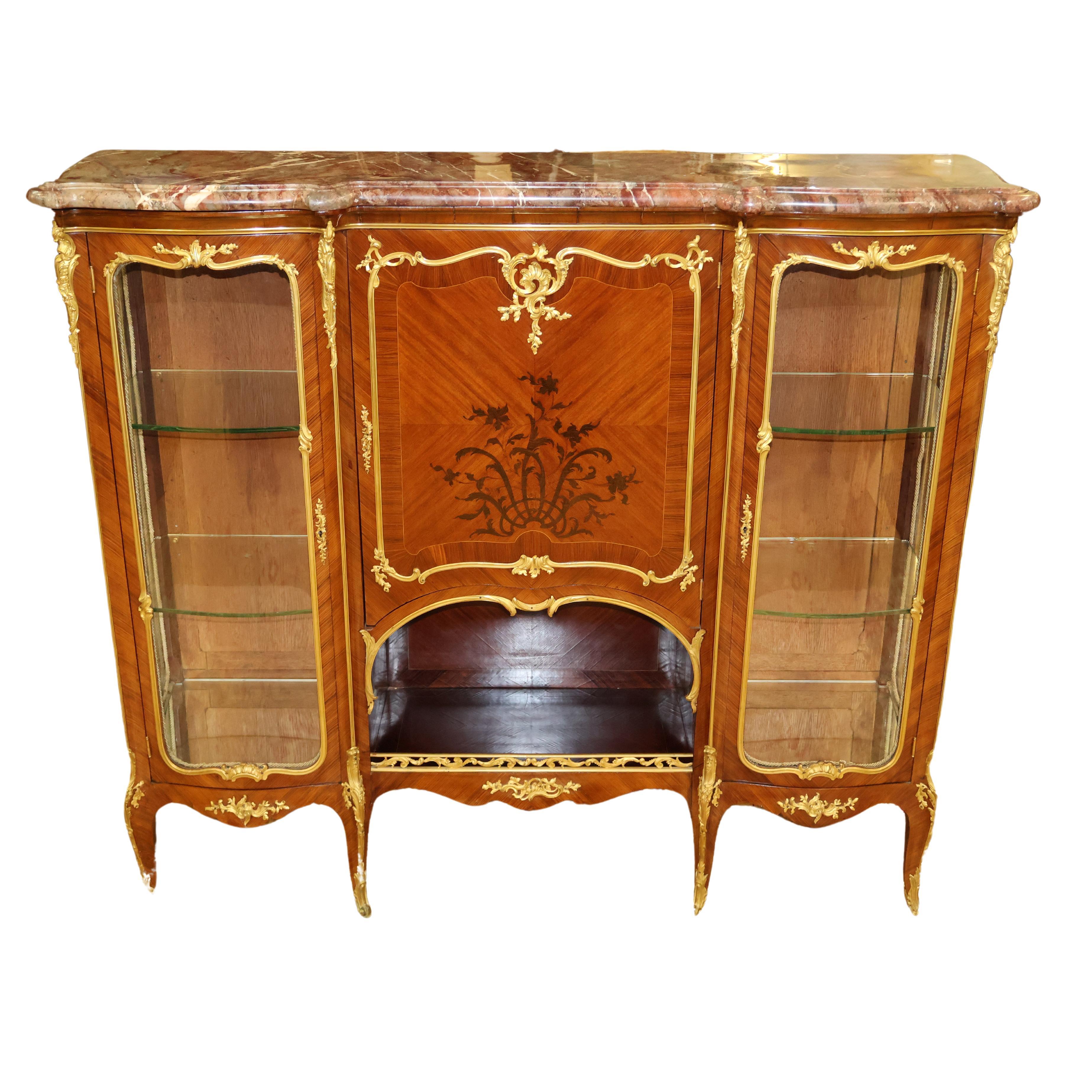 Marble Top French Ormolu Kingwood Inlaid Marquetry Vitrine Attributed To Linke For Sale