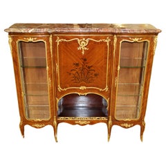 Antique Marble Top French Ormolu Kingwood Inlaid Marquetry Vitrine Attributed To Linke