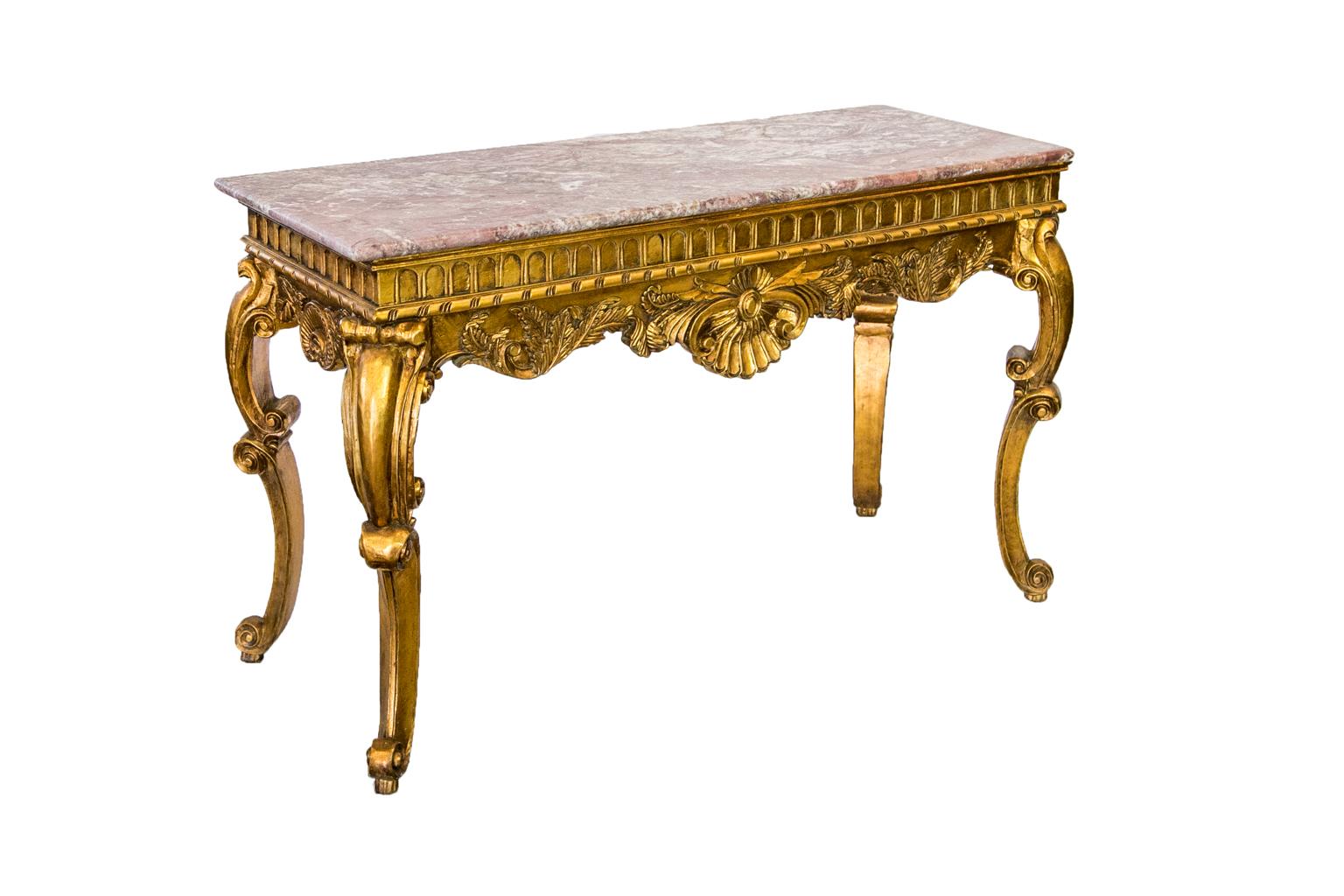 French Marble-Top Gold Console Table