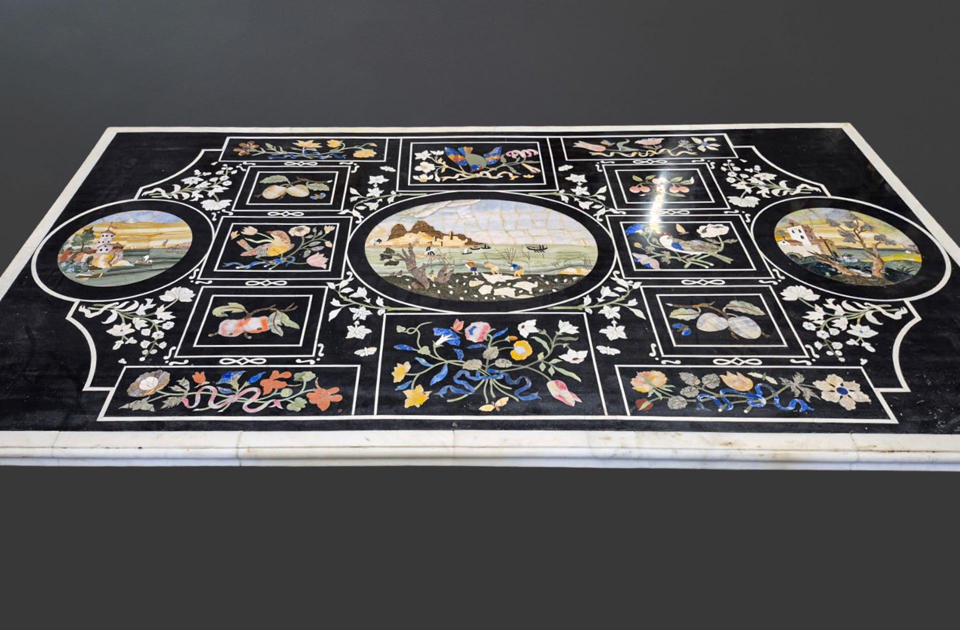 Marble top inlaid with semiprecious stones, lapis lazuli, antique yellow, aqua green, onyx, etc. 
ADDITIONAL PHOTOS, INFORMATION OF THE LOT AND SHIPPING INFORMATION CAN BE REQUEST BY SENDING AN EMAIL

Piano in marmo intarsiato a pietre dure.