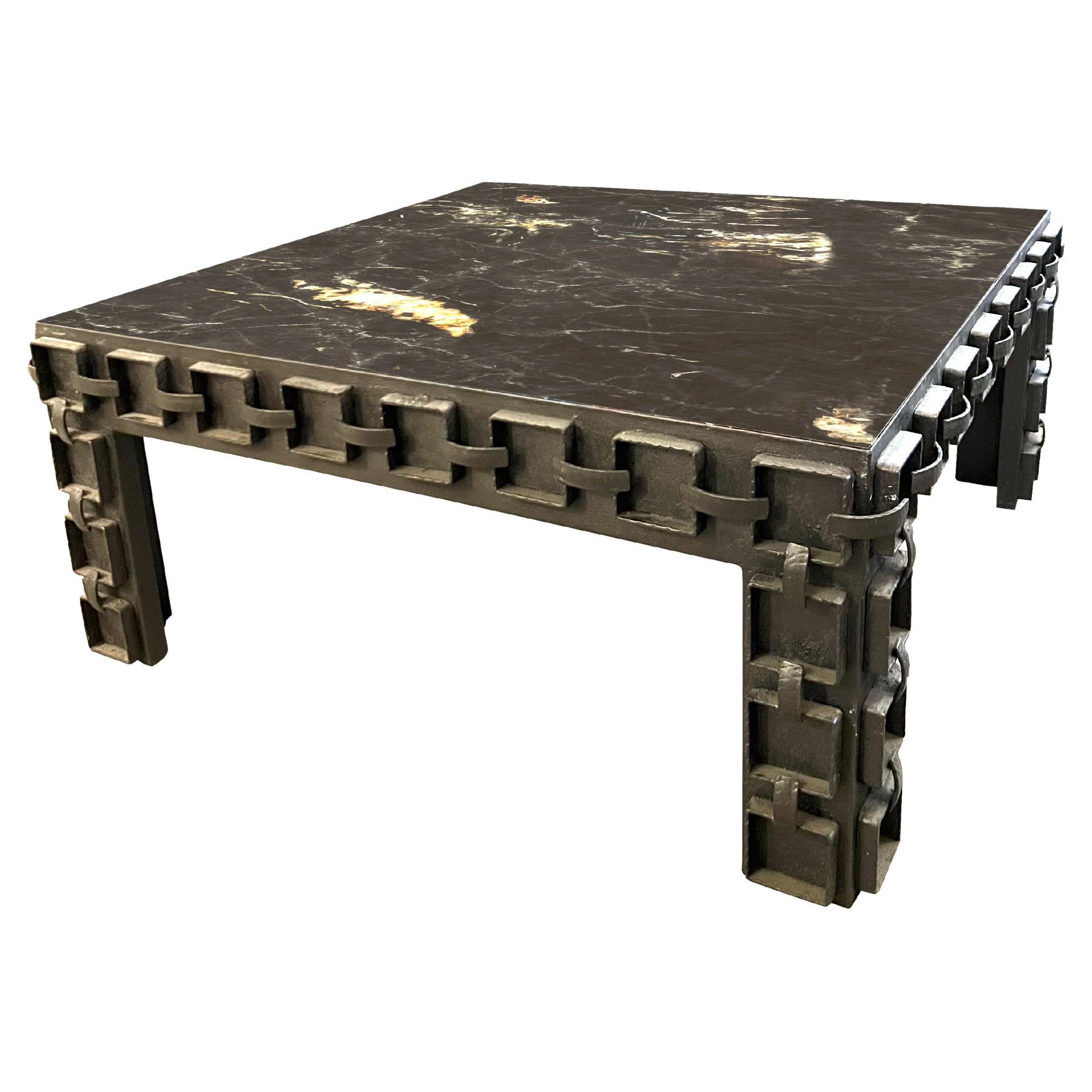 Black And Cream Marble Top, Iron Base Square Coffee Table, Spain, 1960s For Sale