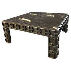 Black And Cream Marble Top, Iron Base Square Coffee Table, Spain, 1960s