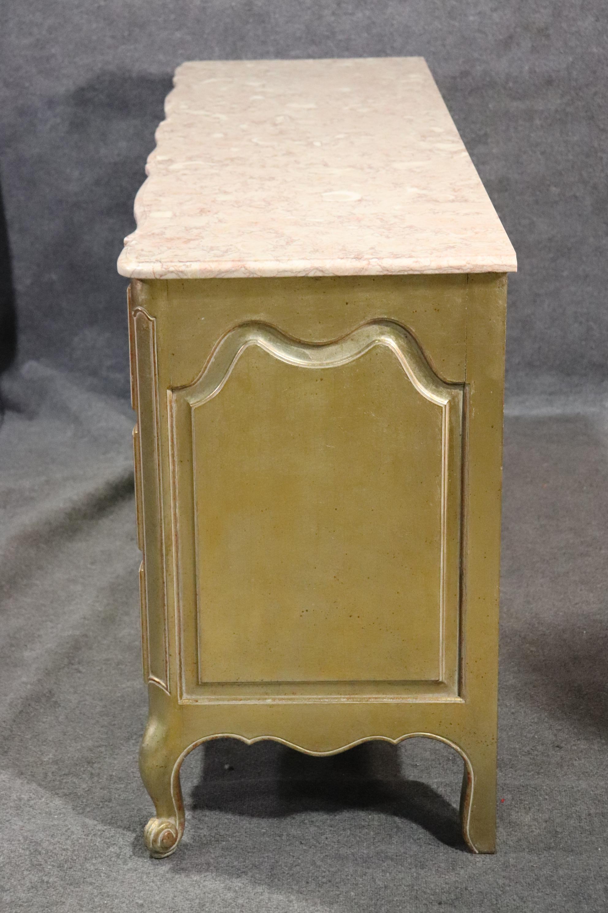 Marble Top Louis XV Italian Silver Leaf Gilded Triple Dresser, circa 1950 In Good Condition In Swedesboro, NJ