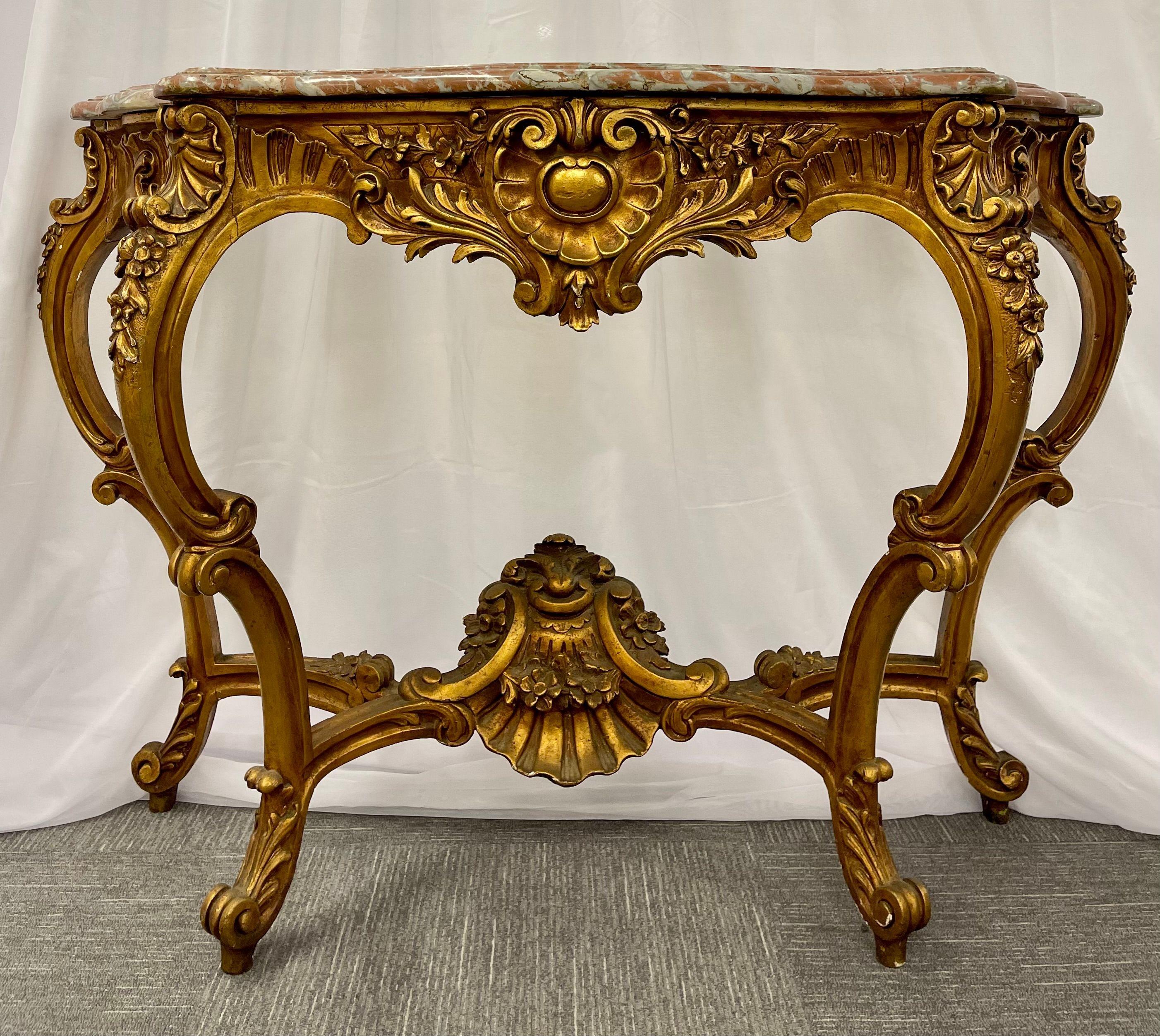 Wood Marble-Top Louis XV Style Console Table by Jansen Exquisite Carved Details 1920s For Sale
