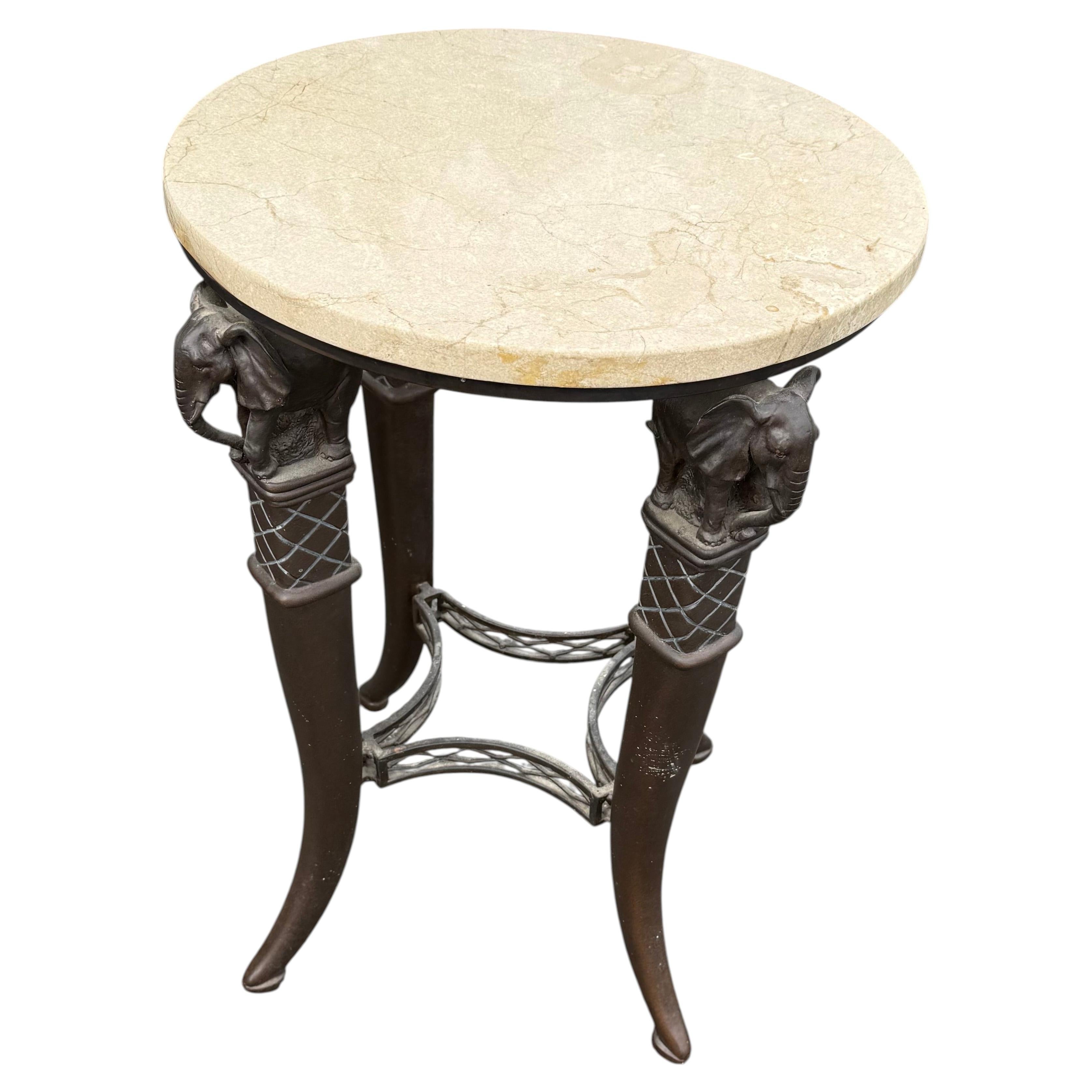 Marble Top & Metal Based End Table with Elephant Motif For Sale