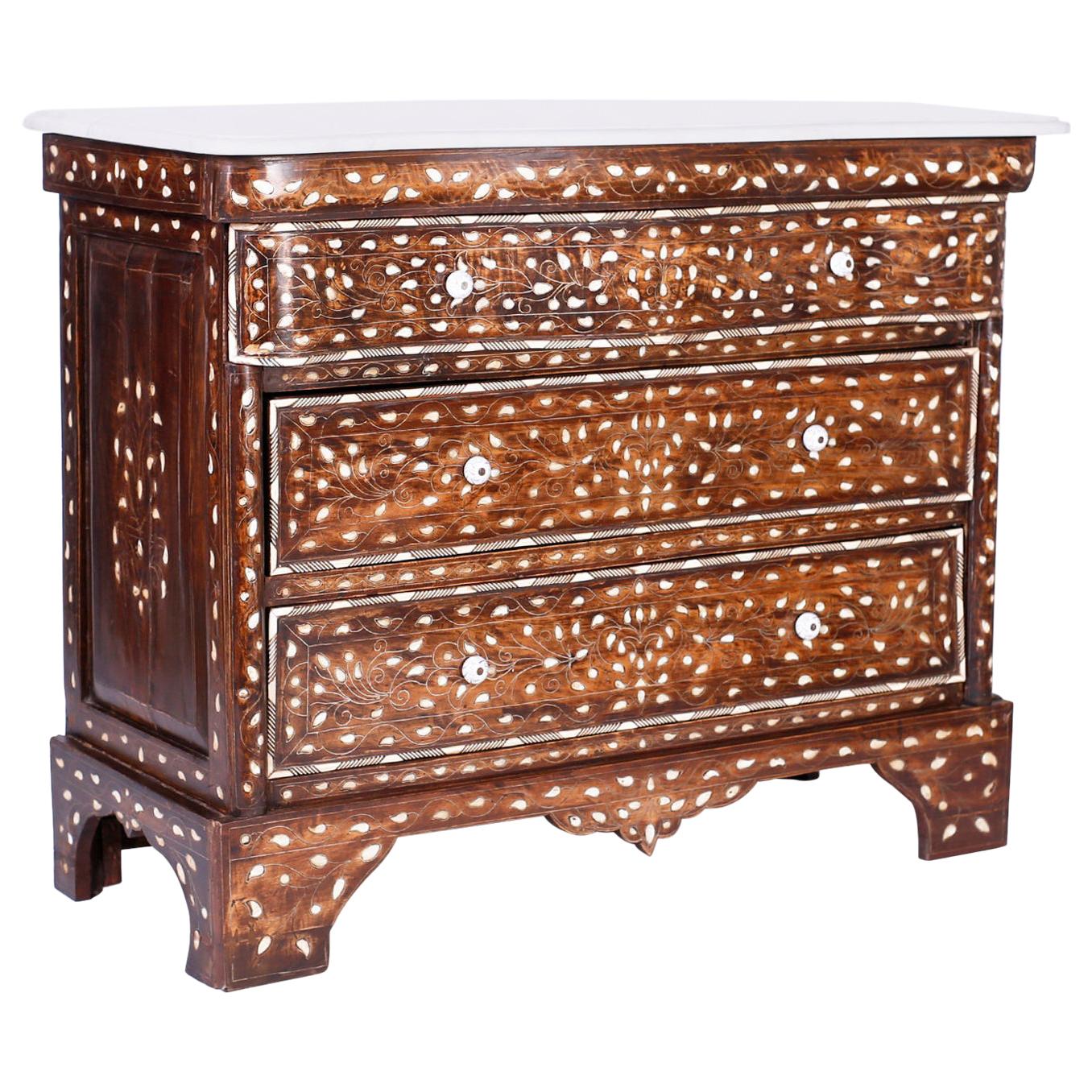 Marble Top Moorish Chest of Drawers with Inlaid Mother of Pearl