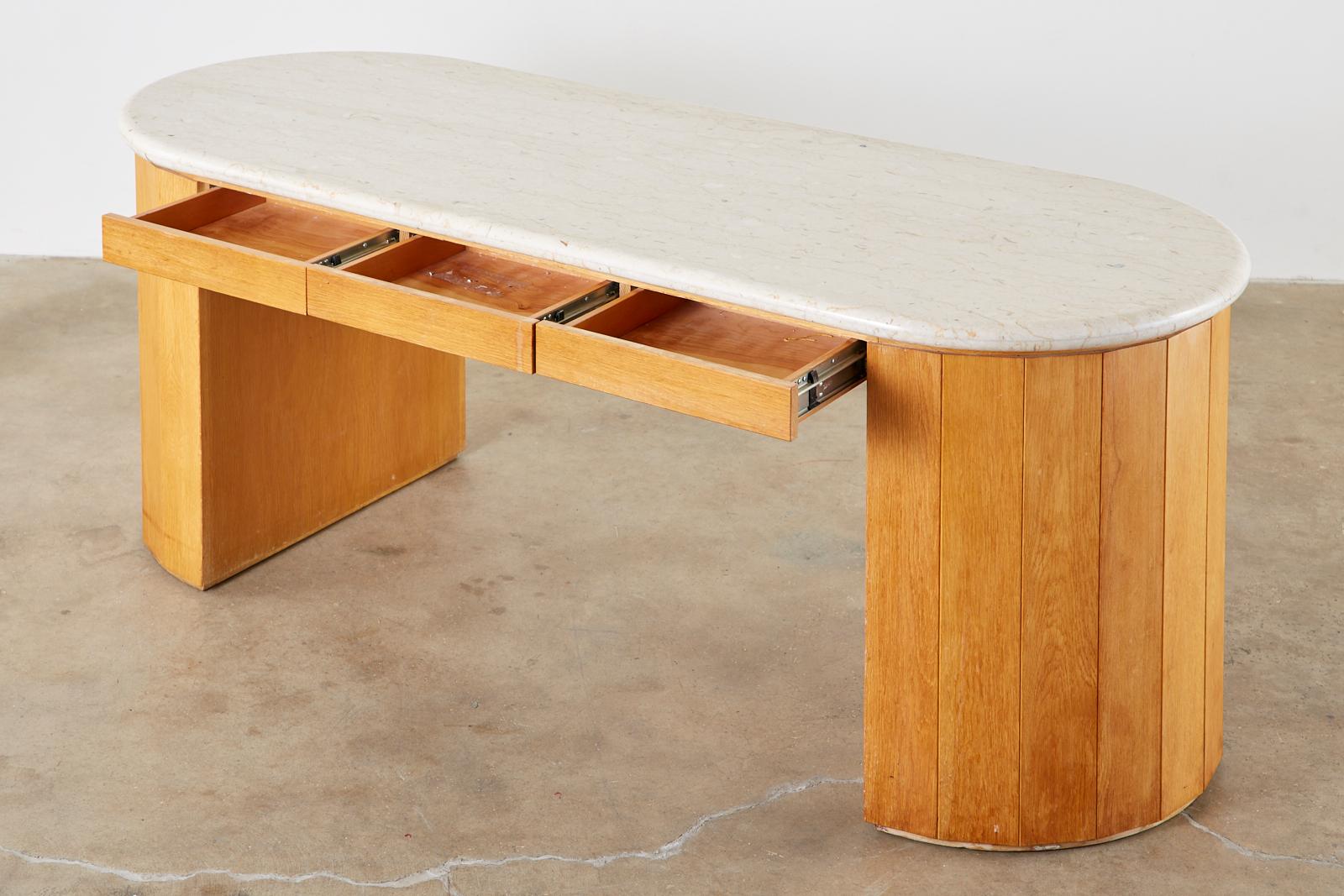 Mid-Century Modern Marble-Top Oak Executive Pedestal Desk with Demilune Ends