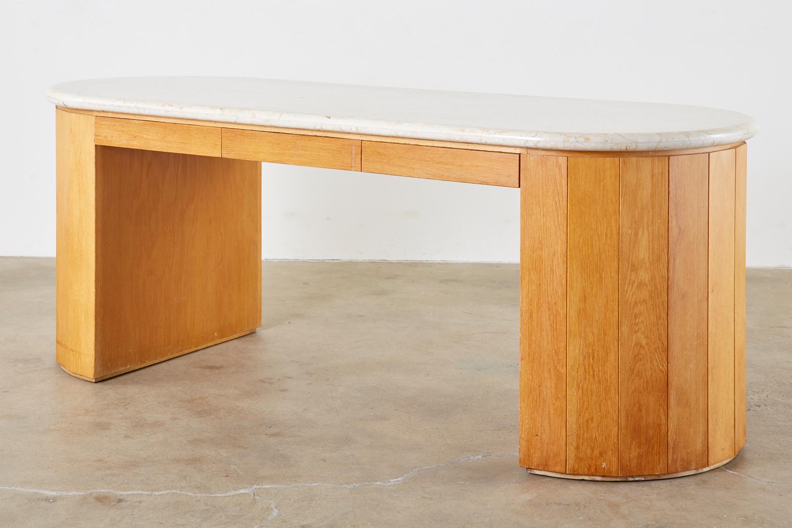 Marble-Top Oak Executive Pedestal Desk with Demilune Ends 1