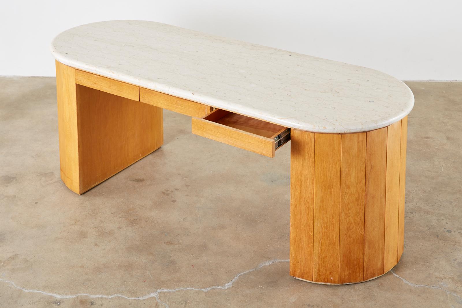 Marble-Top Oak Executive Pedestal Desk with Demilune Ends 2