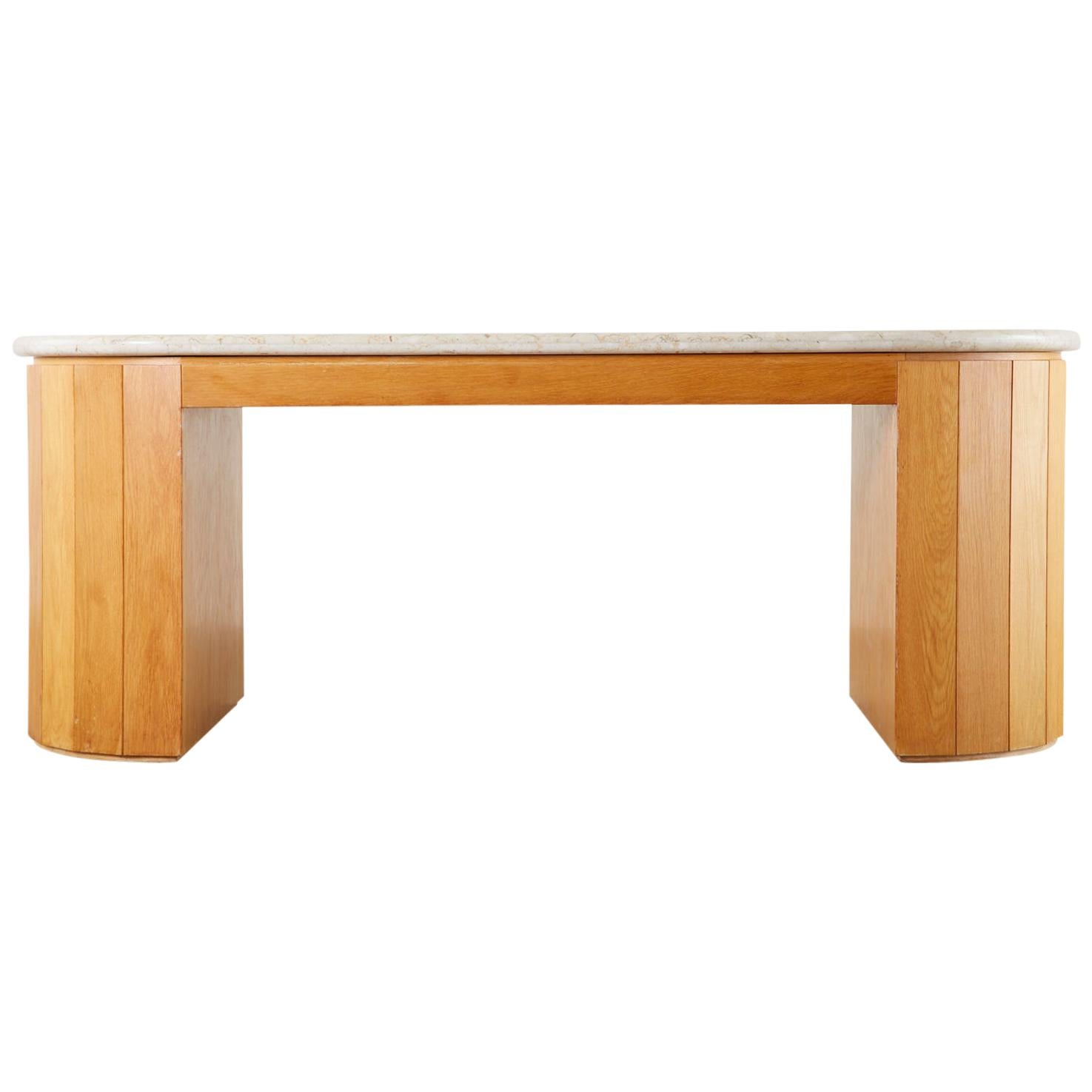Marble-Top Oak Executive Pedestal Desk with Demilune Ends