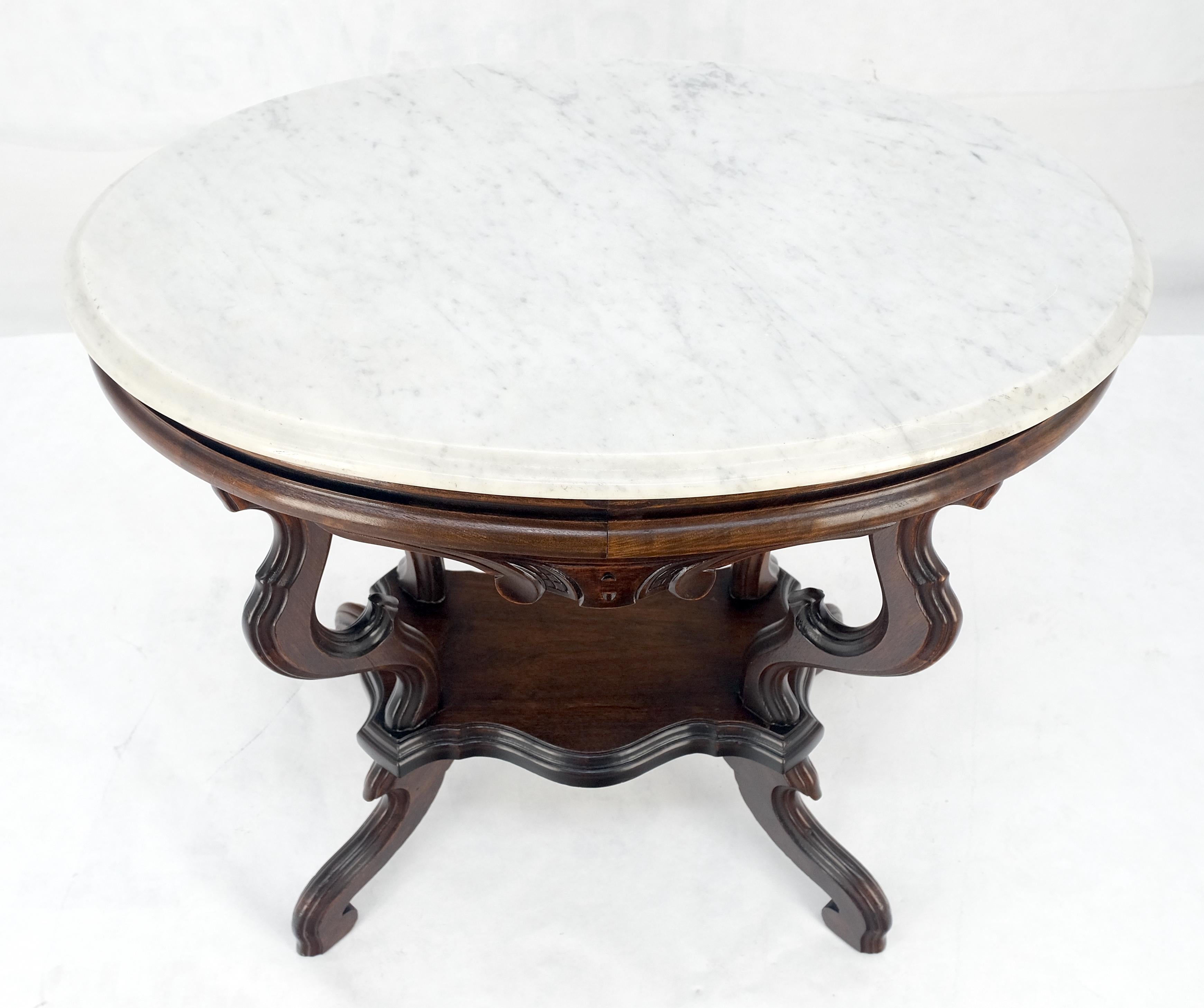 American Marble Top Oval Carved Walnut Victorian Lamp Side Occasional Table MINT For Sale