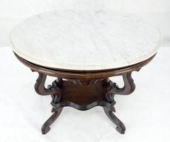 Marble Top Oval Carved Walnut Victorian Lamp Side Occasional Table MINT