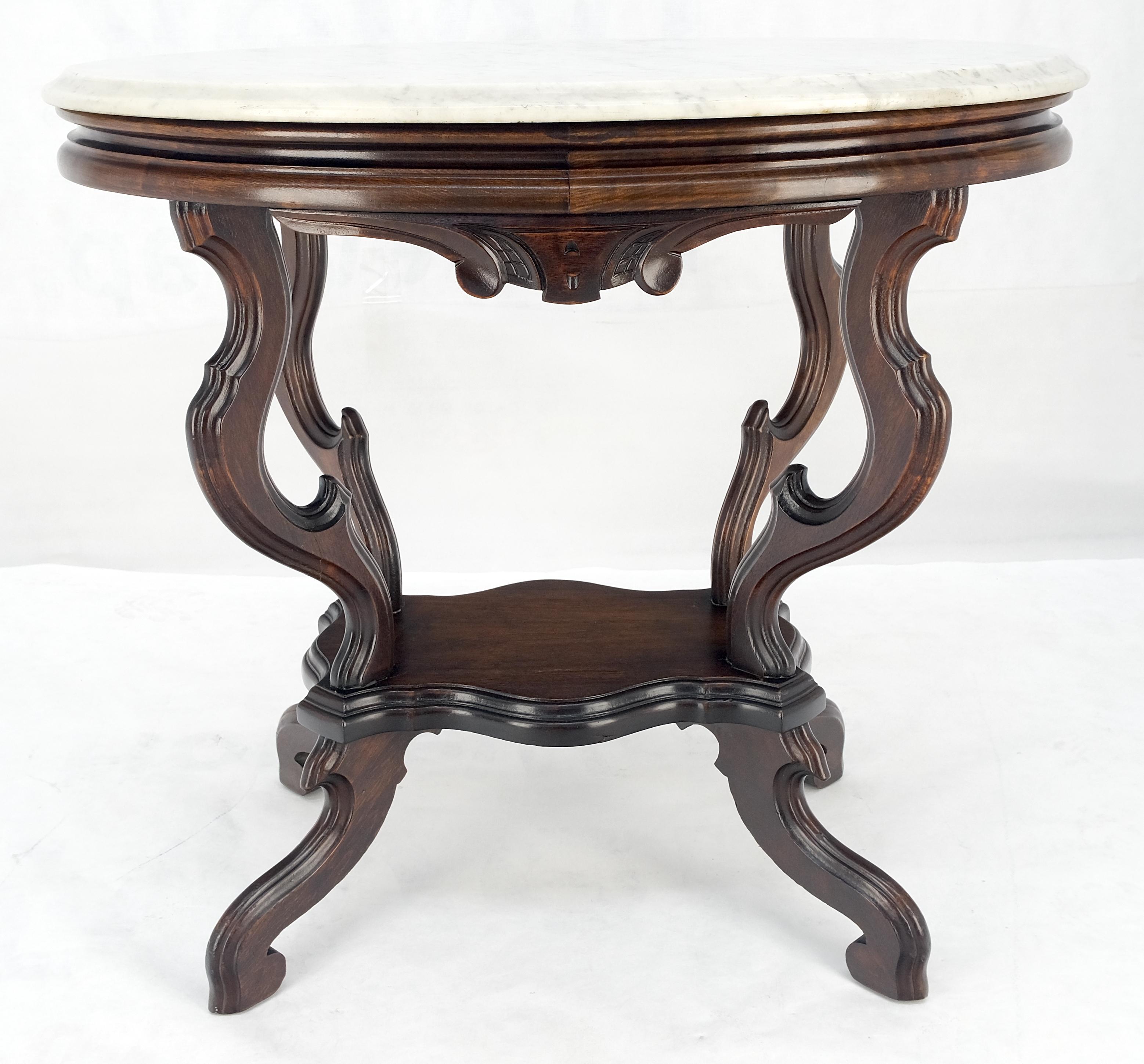 Lacquered Marble Top Oval Carved Walnut Victorian Lamp Side Occasional Table MINT For Sale