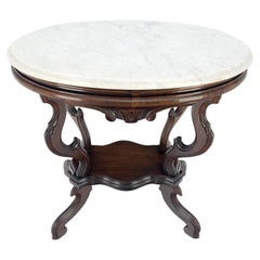 Marble Top Oval Carved Walnut Victorian Lamp Side Occasional Table MINT