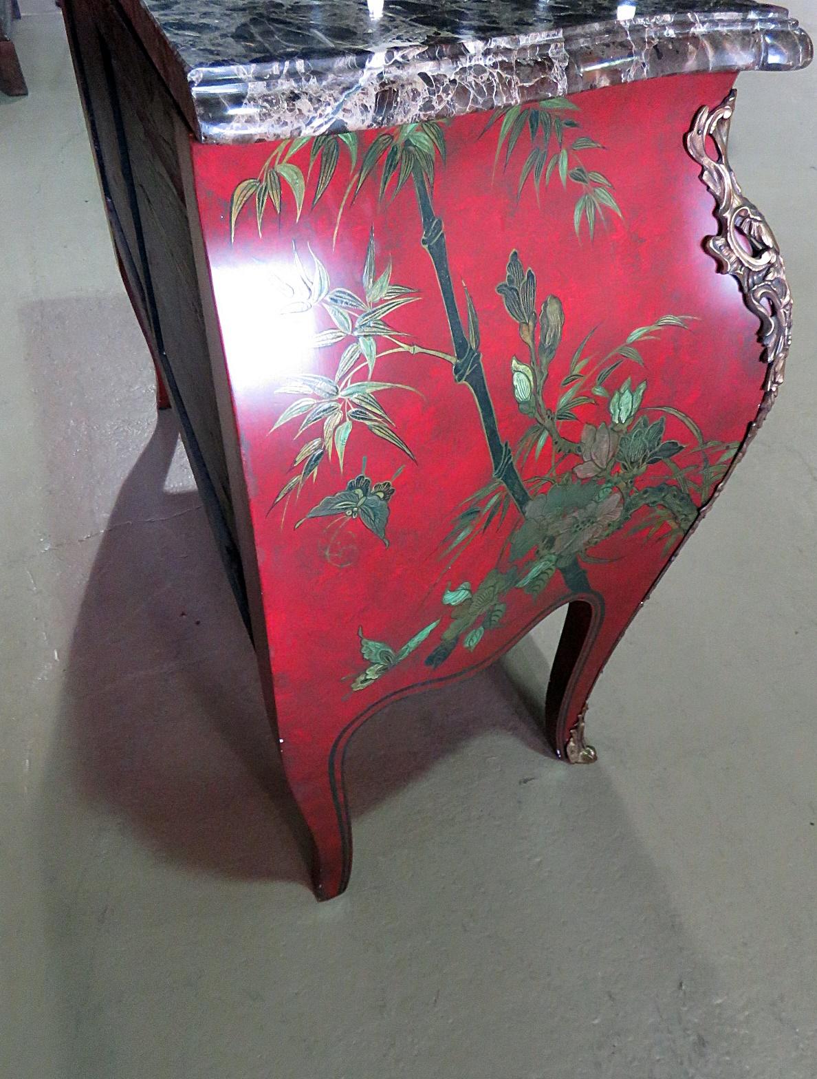 Red and Green Paint Decorated Chinoiserie French Louis XV Bombe Commode C1940 4