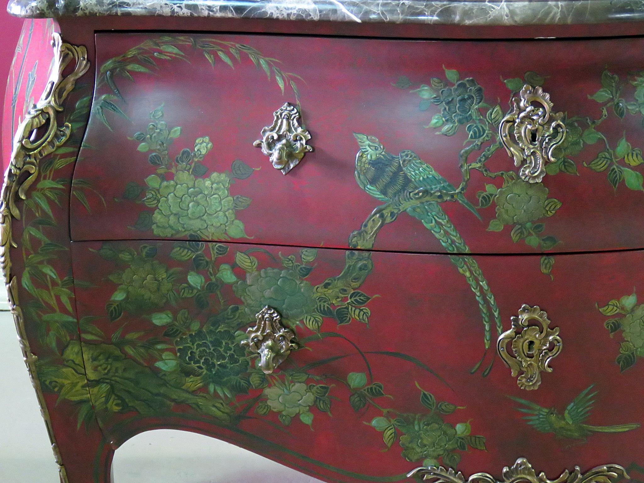 Painted Red and Green Paint Decorated Chinoiserie French Louis XV Bombe Commode C1940