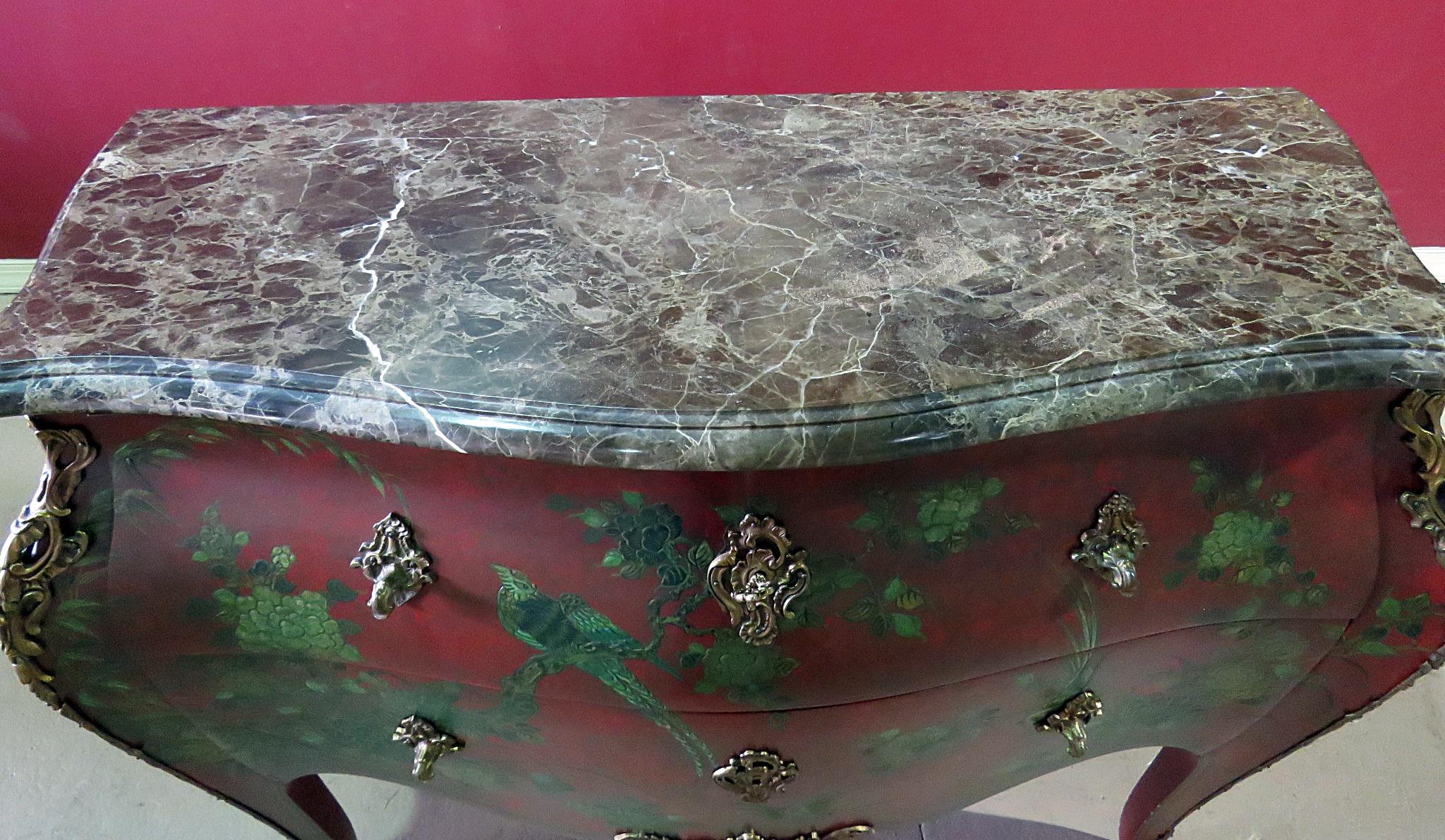 20th Century Red and Green Paint Decorated Chinoiserie French Louis XV Bombe Commode C1940