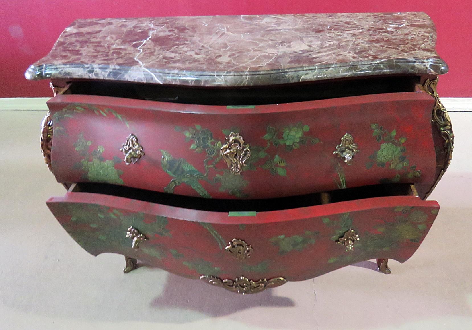 Wood Red and Green Paint Decorated Chinoiserie French Louis XV Bombe Commode C1940