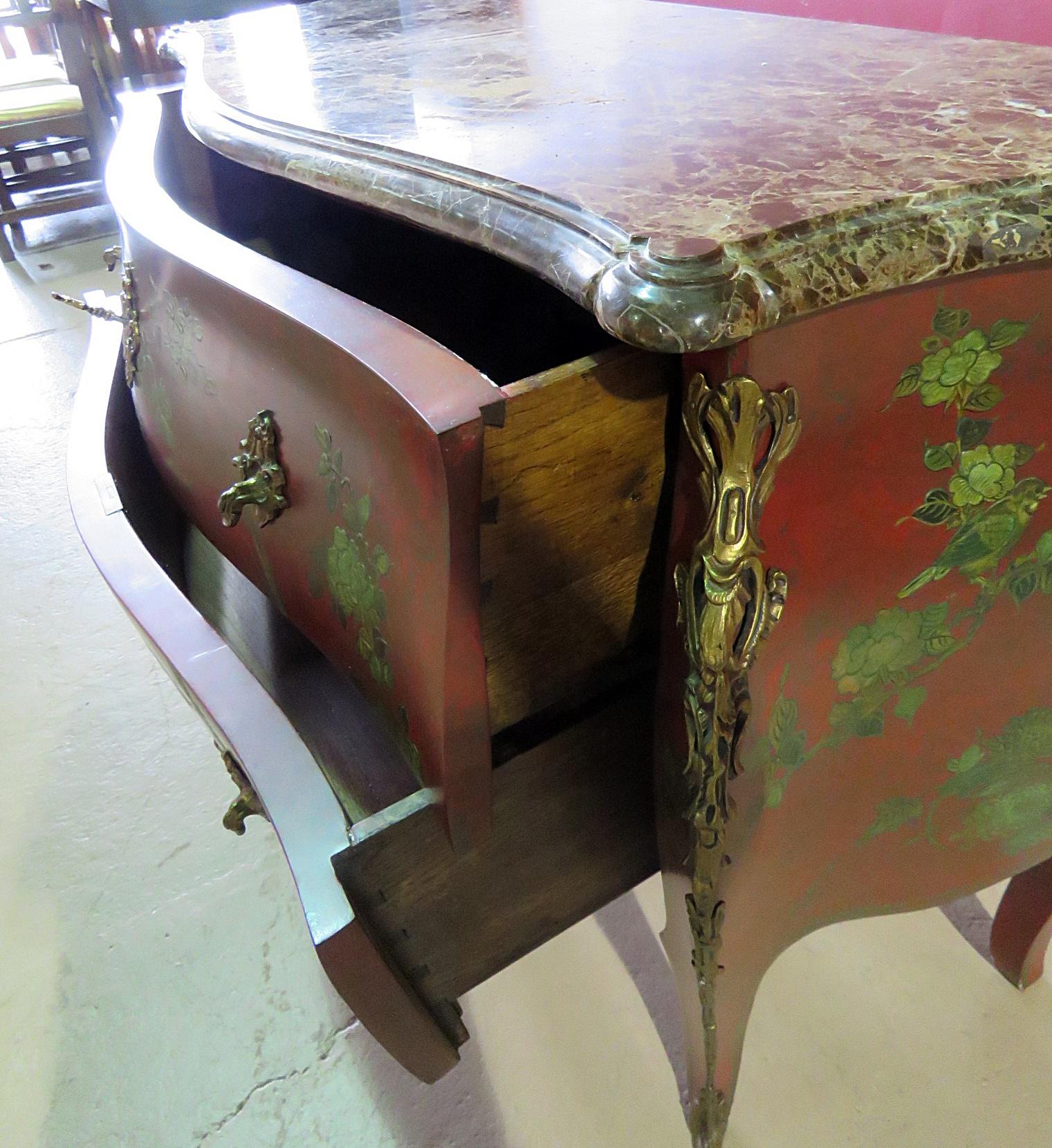 Red and Green Paint Decorated Chinoiserie French Louis XV Bombe Commode C1940 1