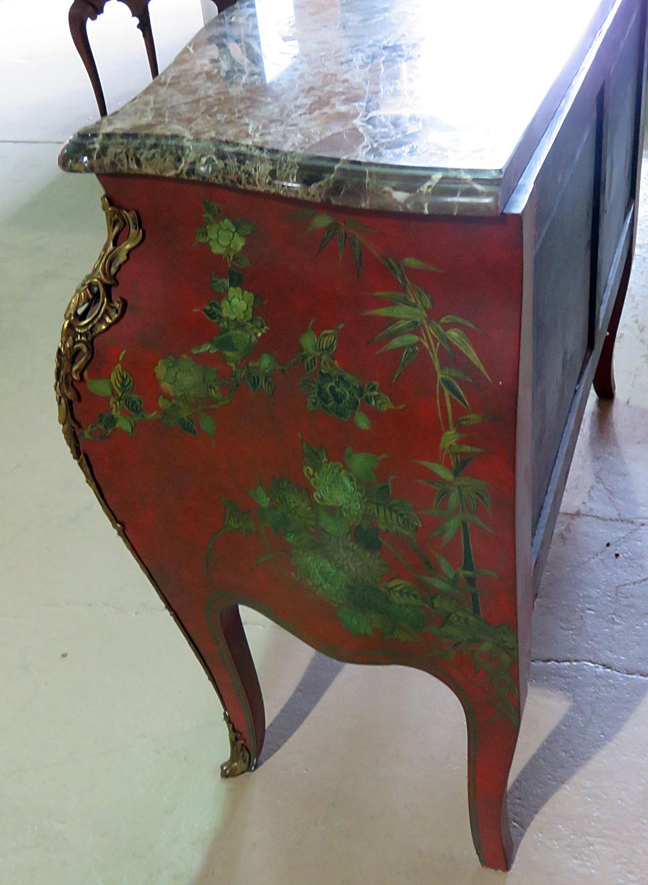 Red and Green Paint Decorated Chinoiserie French Louis XV Bombe Commode C1940 2