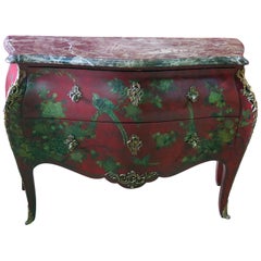 Red and Green Paint Decorated Chinoiserie French Louis XV Bombe Commode C1940