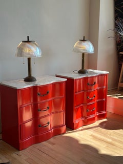Marble Top Red Lacquered Serpentine Chests, a Pair