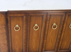 Marble Top Round Brass Ring Drop Pulls Hardware Burl Wood Double Door Credenza