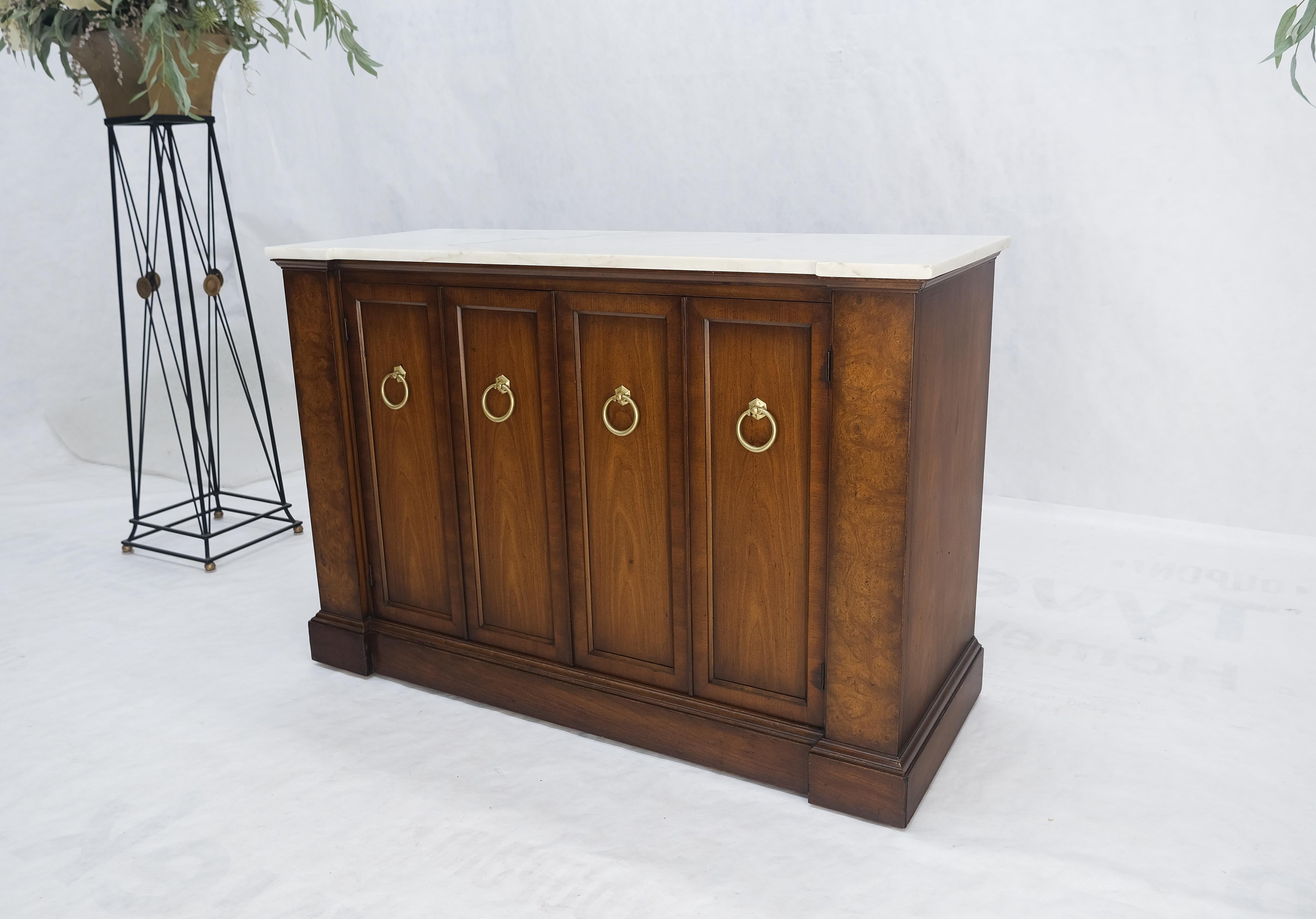 20th Century Marble Top Round Brass Ring Drop Pulls Hardware Burl Wood Double Door Credenza For Sale
