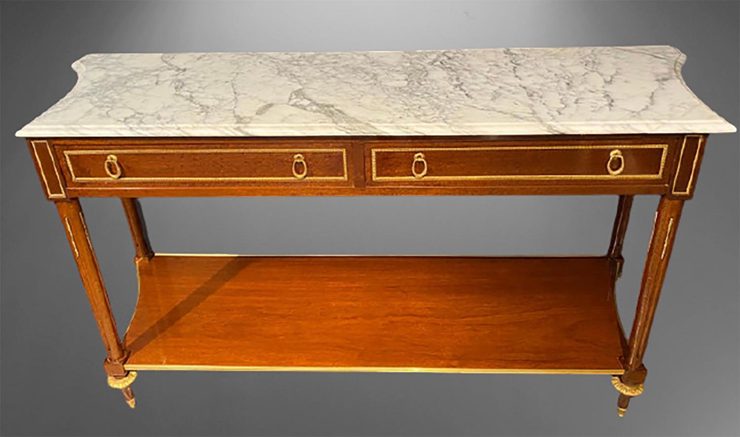 Marble Top Russian Neoclassical Consoles Concave Sides and Bronze Mounts a Pair In Good Condition In Stamford, CT