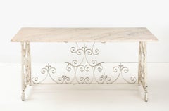 Marble Top Scroll Work Metal Base Dining Table, England Mid 20th C.