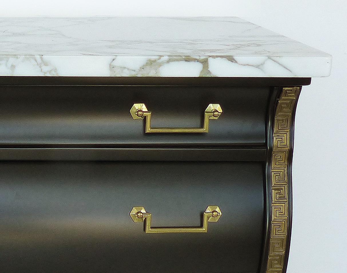 Marble Top Serpentine Front Chest of Drawers, Greek Key Brass Hardware In Good Condition For Sale In Miami, FL