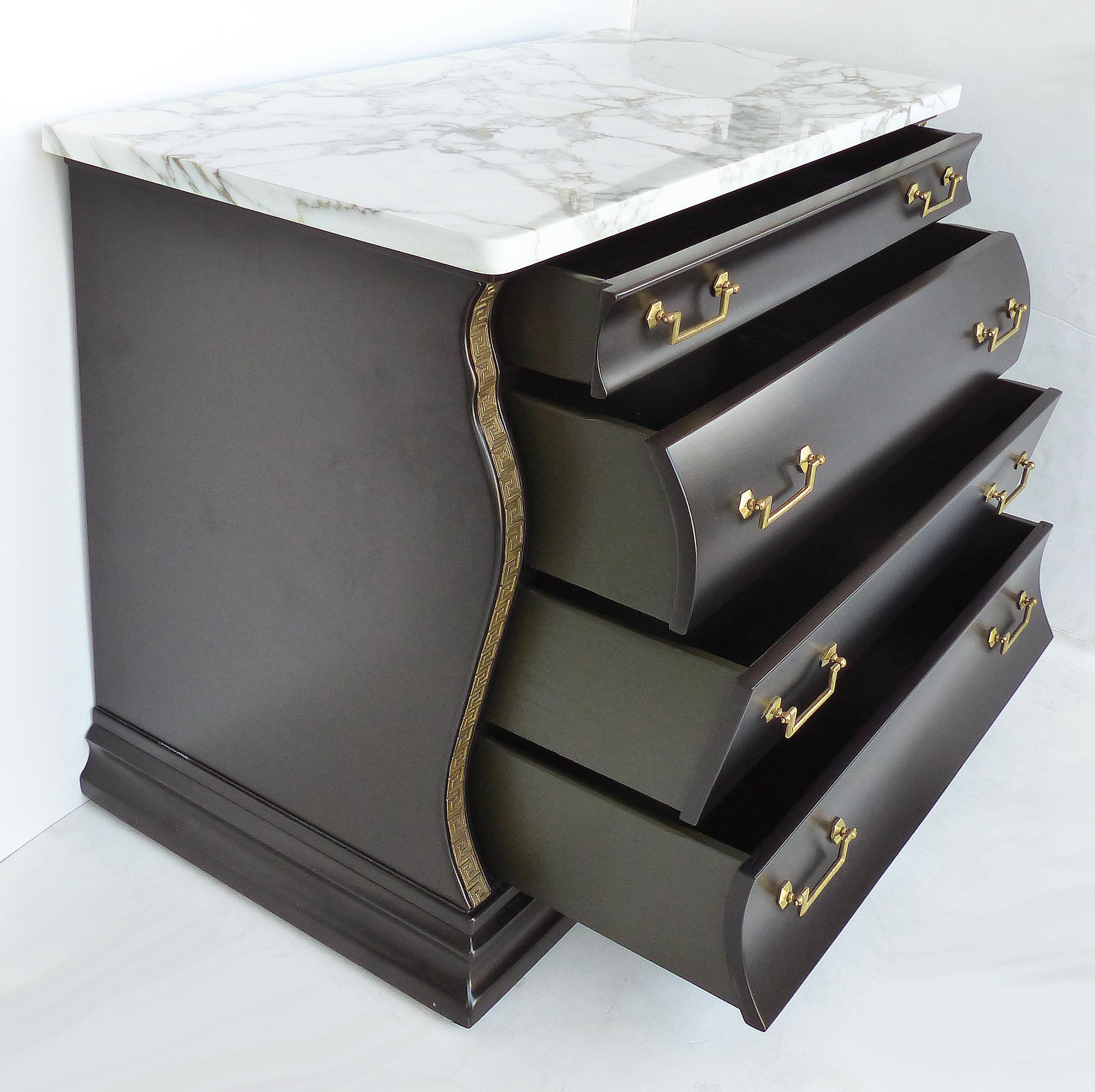 Marble Top Serpentine Front Chest of Drawers, Greek Key Brass Hardware For Sale 2