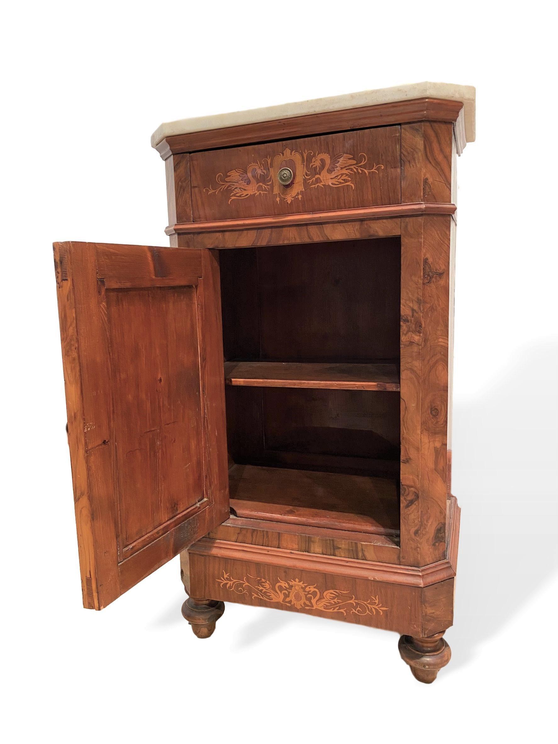 Marble-Top Side Cabinet, Figured Burl Walnut with Marquetry Inlay, Italian, 1880 5