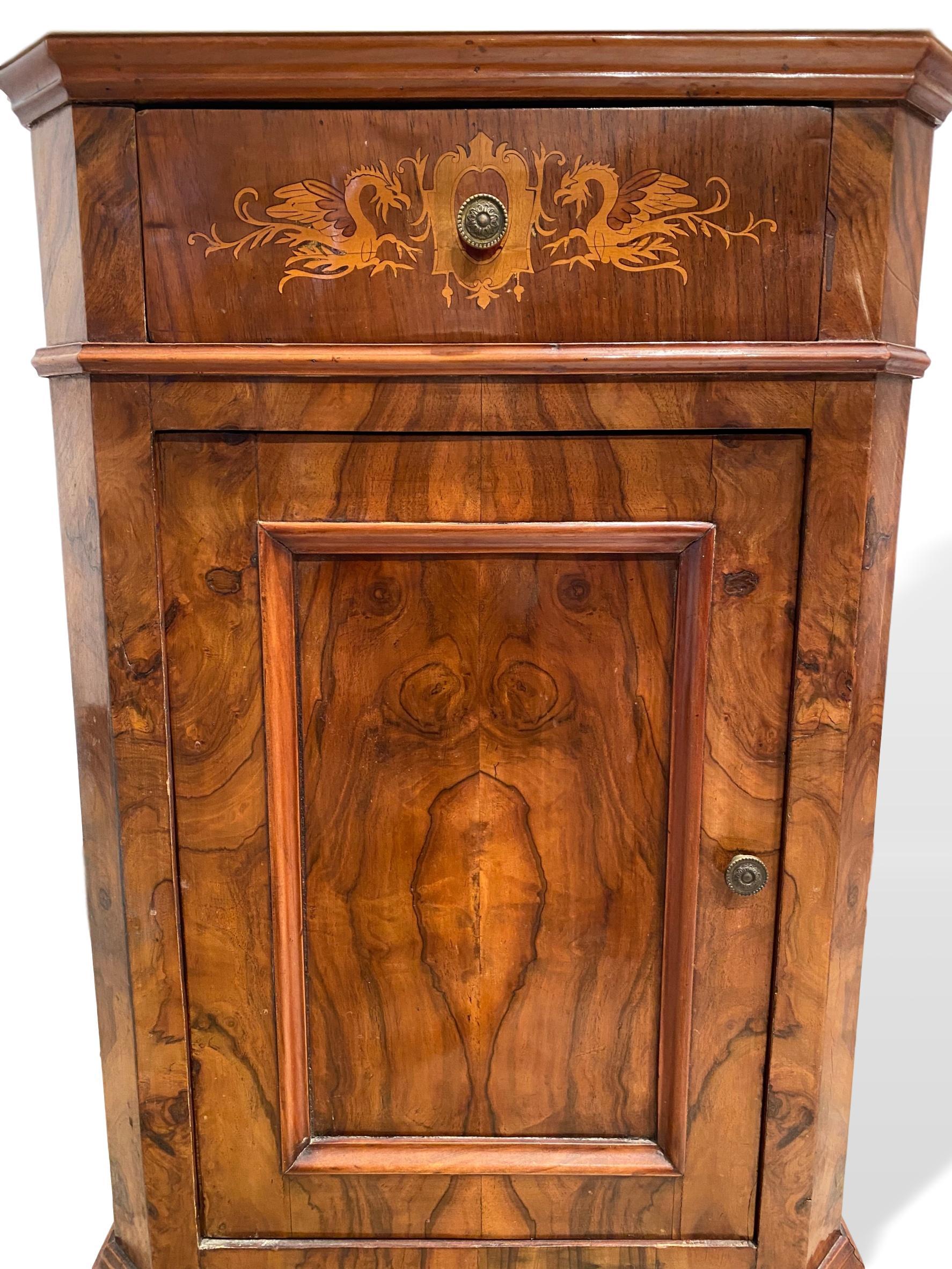 Side cabinet with marble top, highly figured burl walnut and satinwood marquetry inlays, Italian, circa 1880, with Carrara marble top with canted corners, over a stepped molding of solid walnut, over a single drawer with very fine satinwood