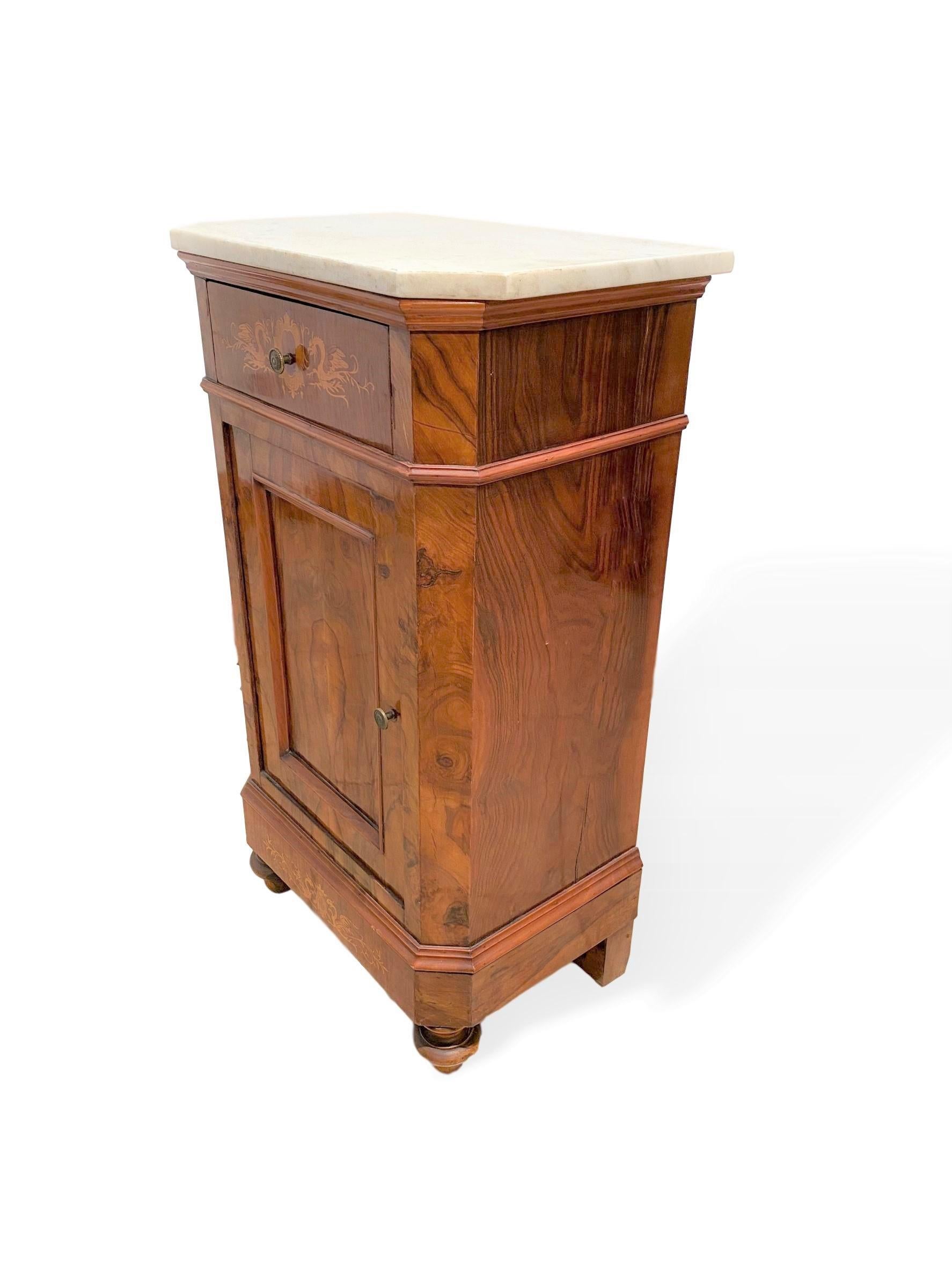 Marble-Top Side Cabinet, Figured Burl Walnut with Marquetry Inlay, Italian, 1880 2