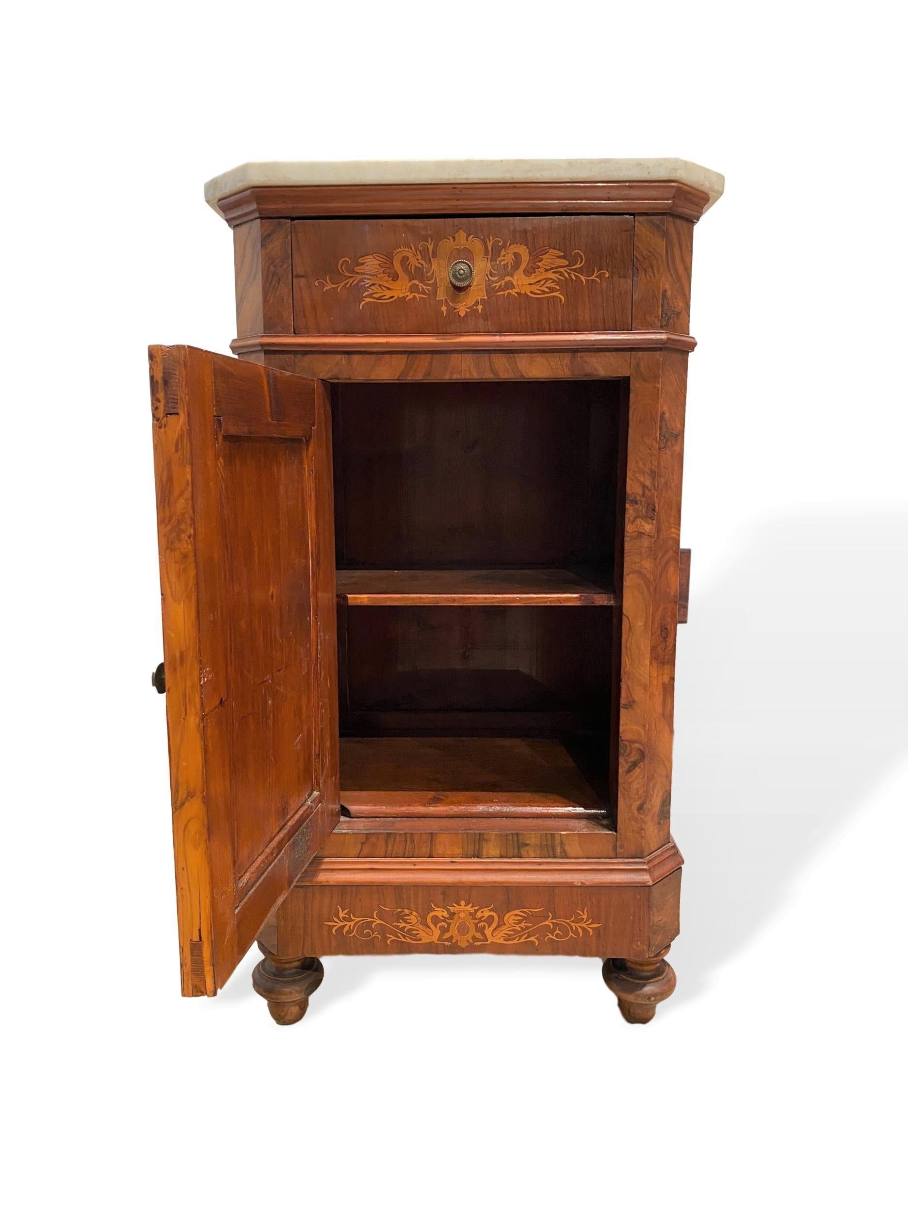 Marble-Top Side Cabinet, Figured Burl Walnut with Marquetry Inlay, Italian, 1880 4