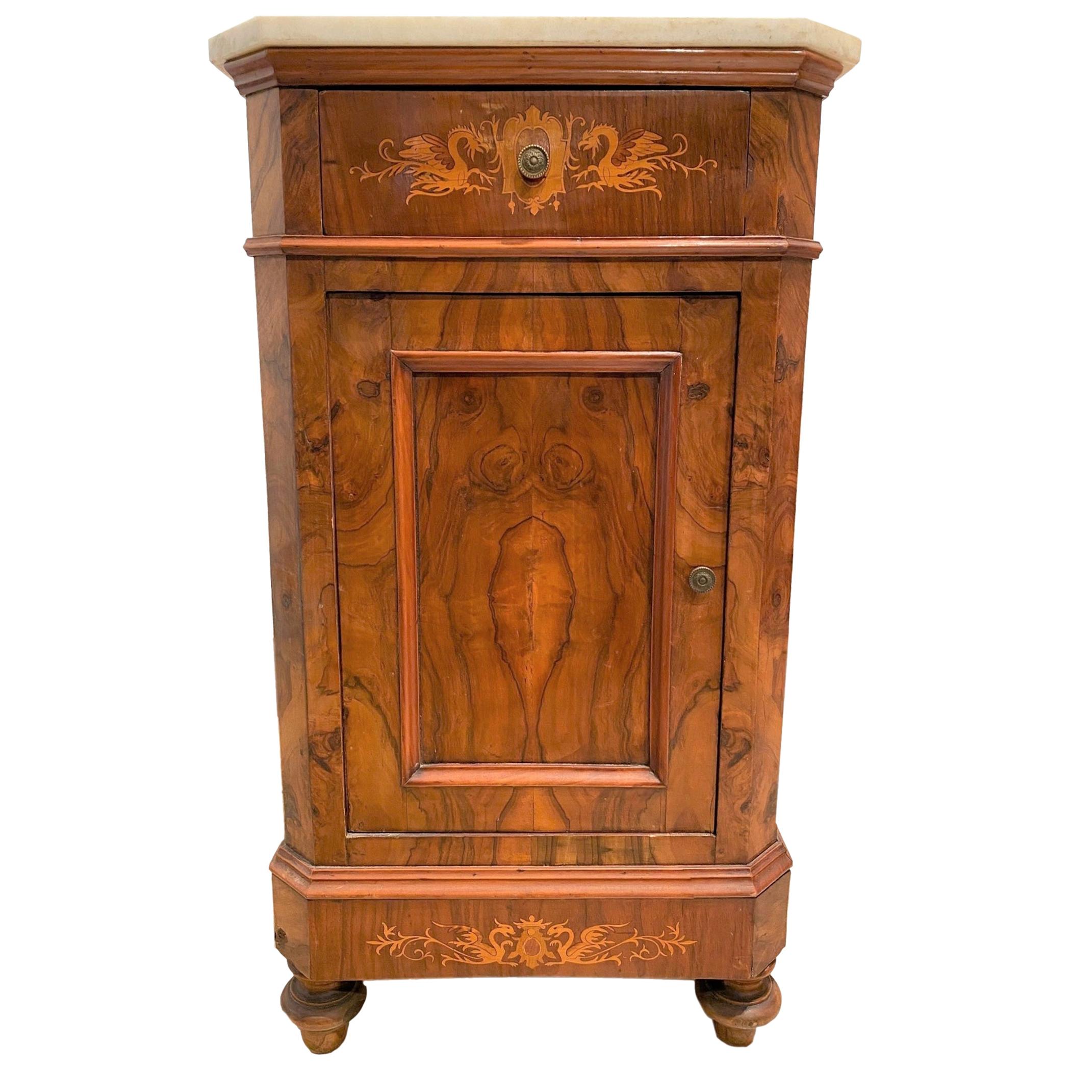 Marble-Top Side Cabinet, Figured Burl Walnut with Marquetry Inlay, Italian, 1880