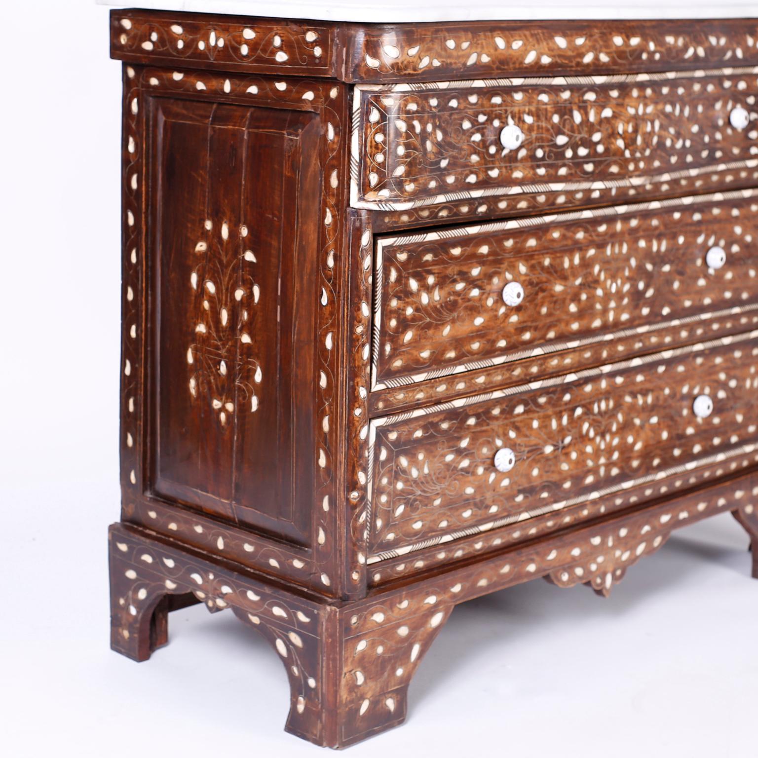 Unknown Marble Top Moorish Chest of Drawers with Inlaid Mother of Pearl