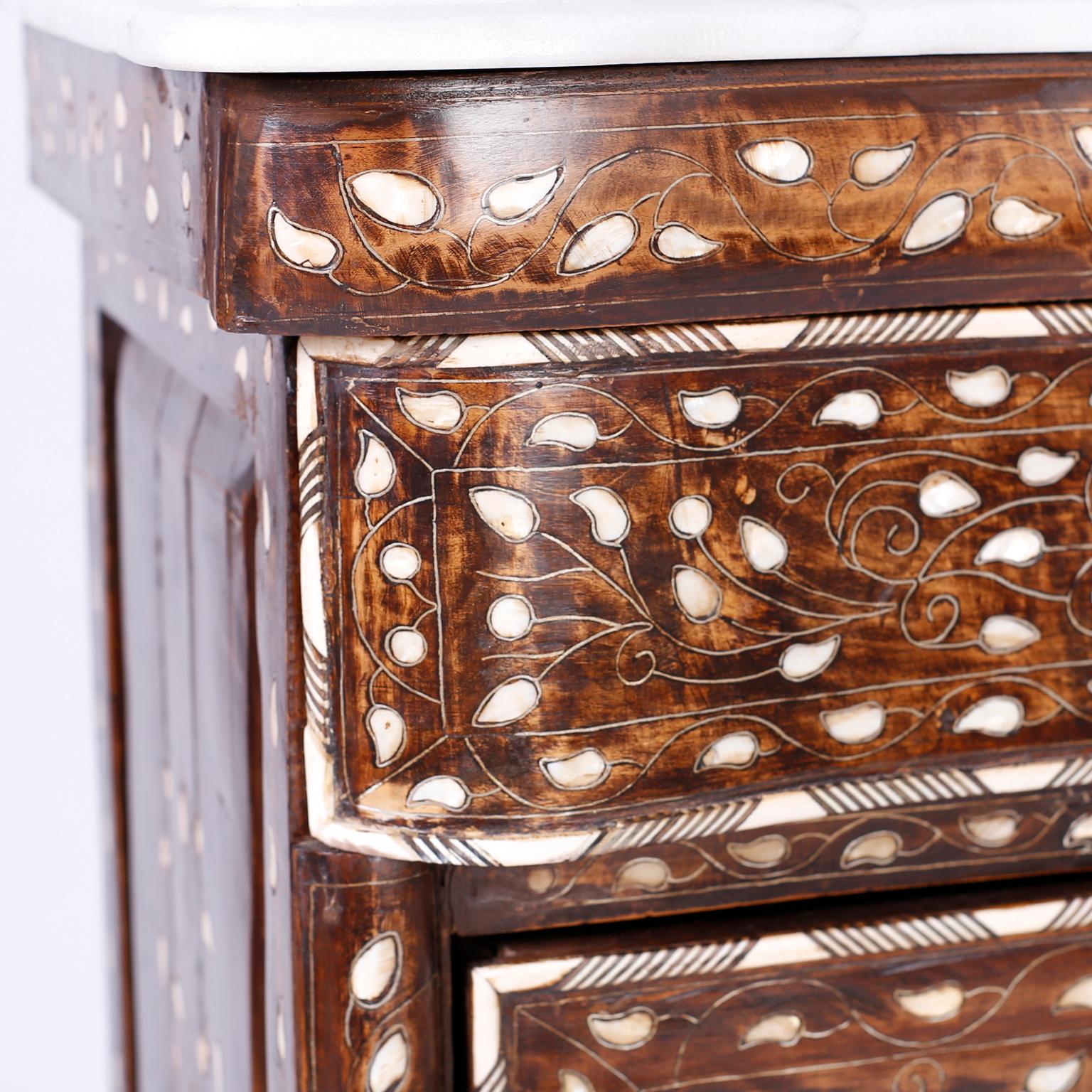 20th Century Marble Top Moorish Chest of Drawers with Inlaid Mother of Pearl