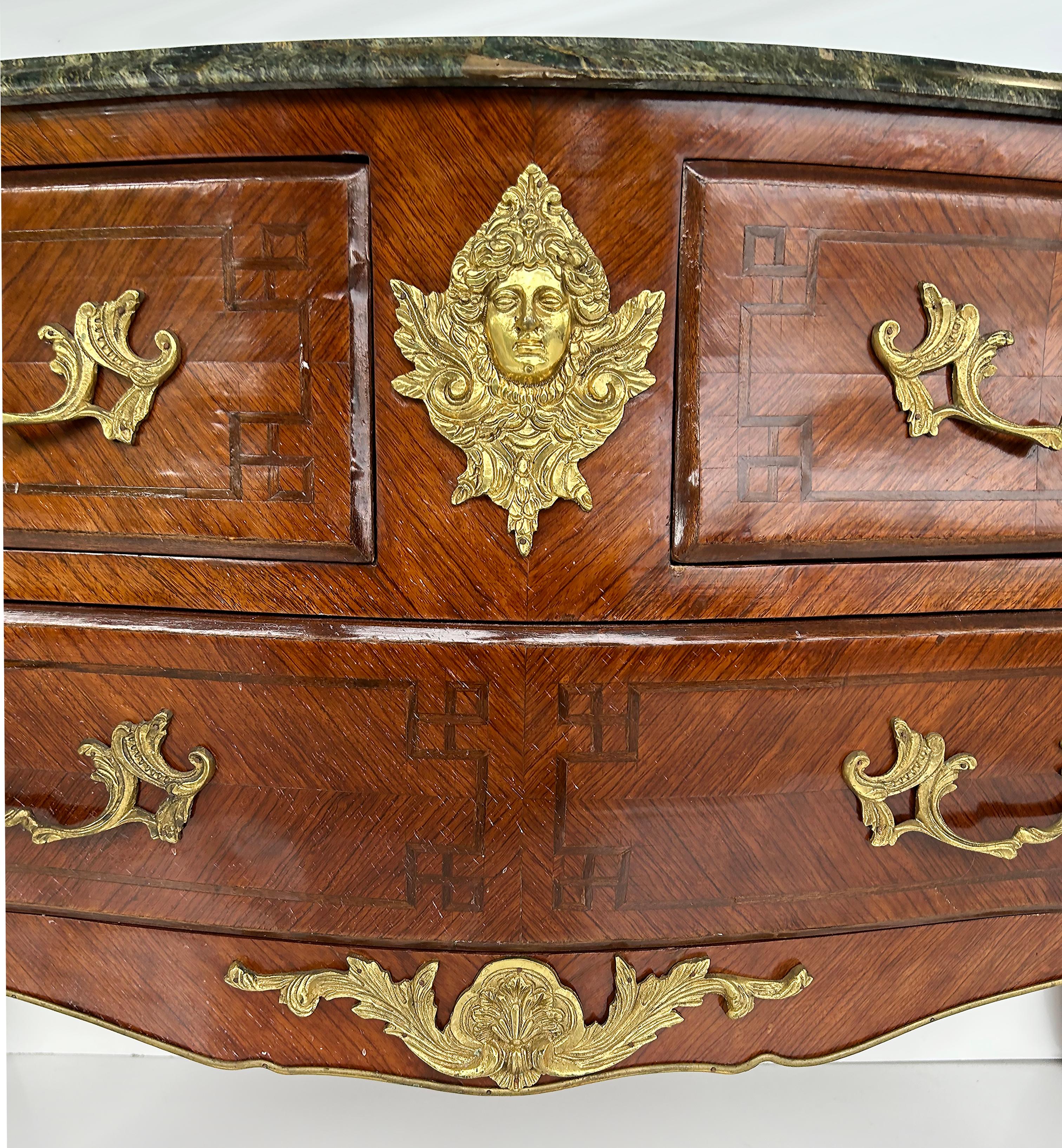 Marble Top Three Drawer Commode with Marquetry and Gilt Bronze Mounts, 20th C For Sale 6