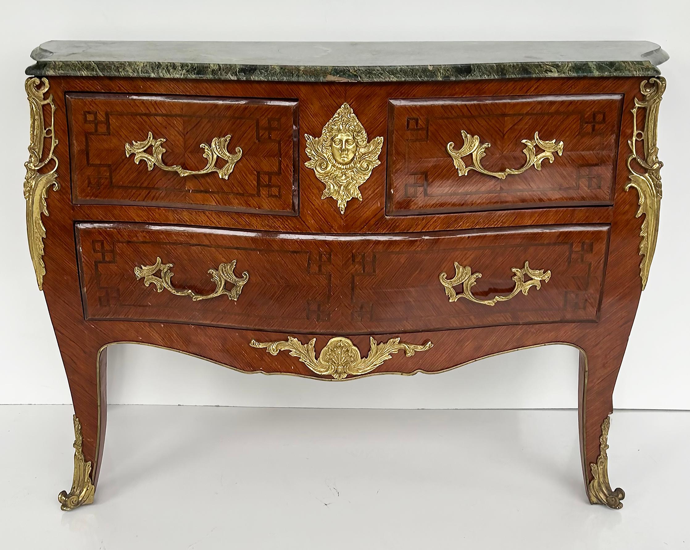 20th Century Marble Top Three Drawer Commode with Marquetry and Gilt Bronze Mounts, 20th C For Sale