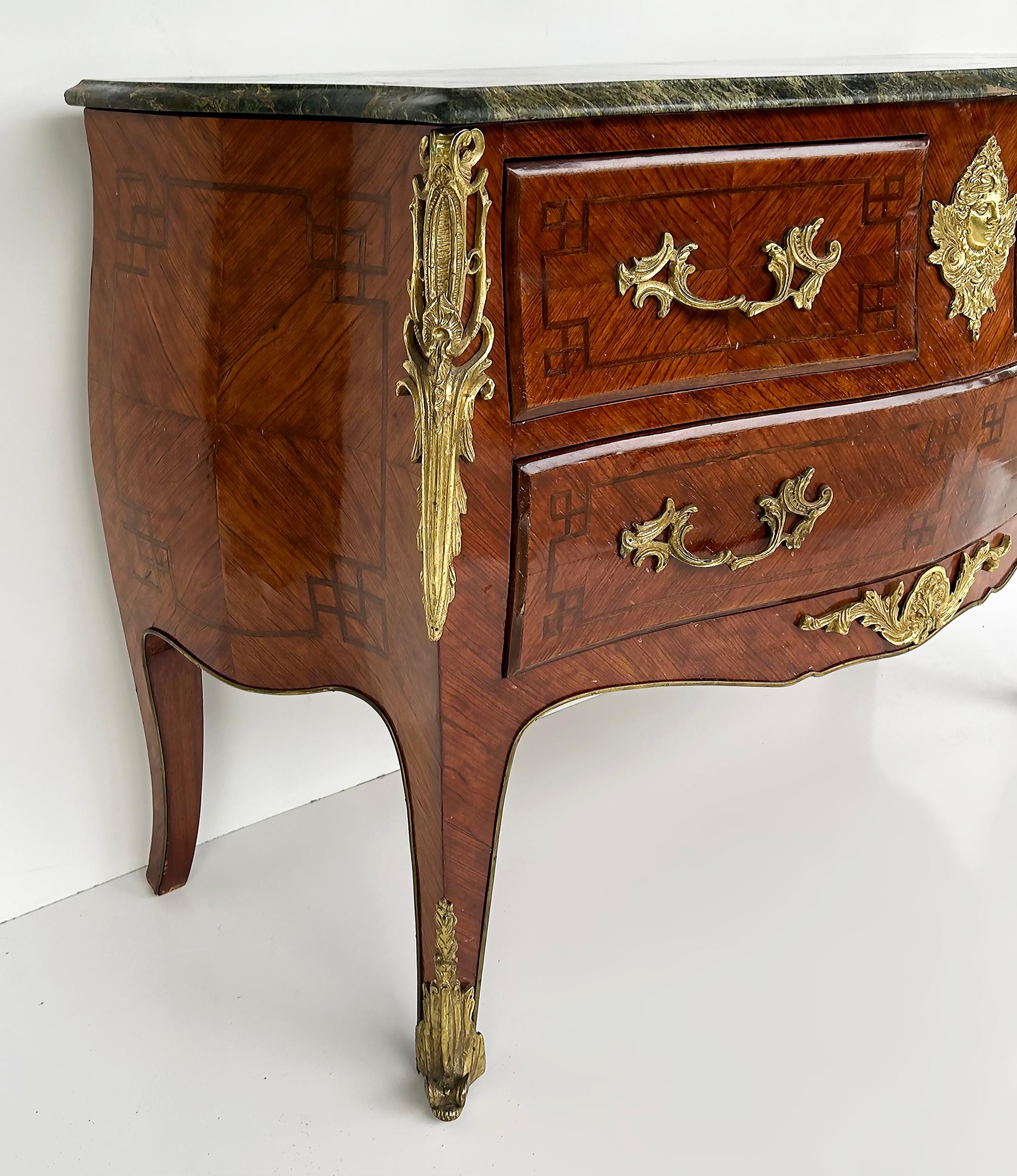 Marble Top Three Drawer Commode with Marquetry and Gilt Bronze Mounts, 20th C For Sale 1