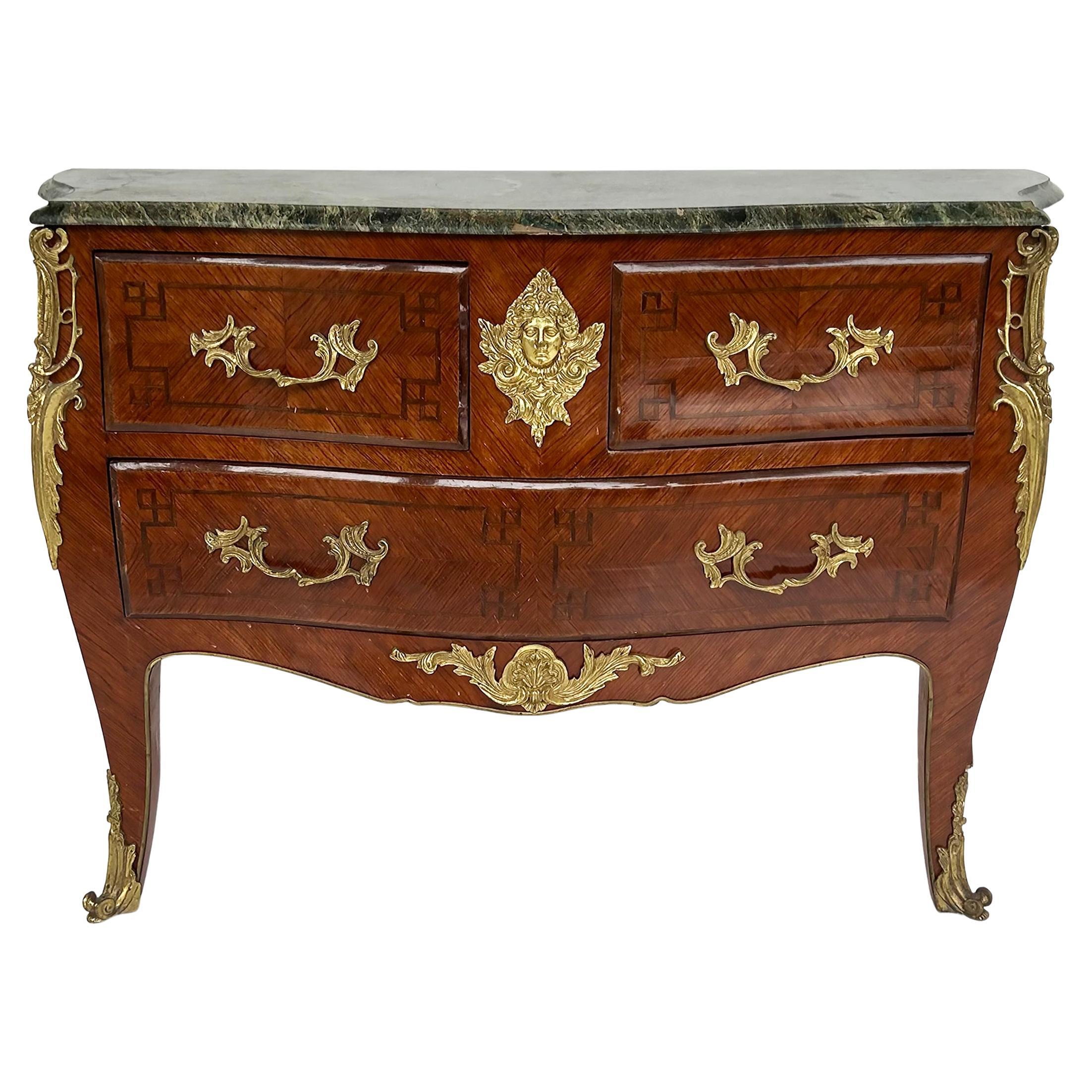 Marble Top Three Drawer Commode with Marquetry and Gilt Bronze Mounts, 20th C For Sale