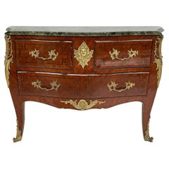 Vintage Marble Top Three Drawer Commode with Marquetry and Gilt Bronze Mounts, 20th C
