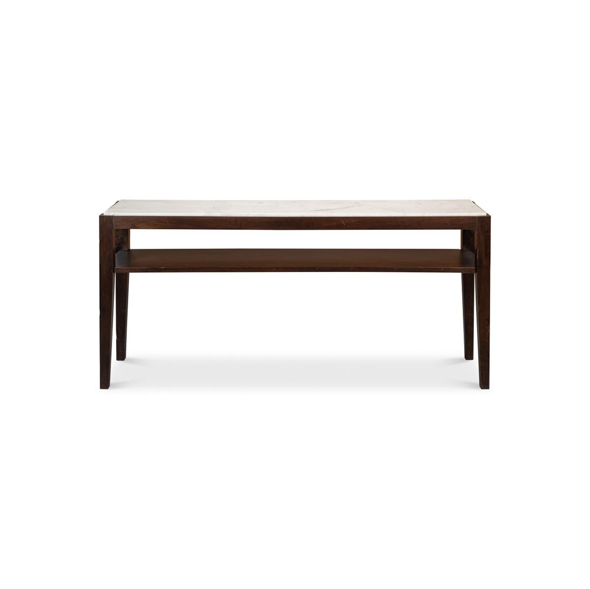 With a honed marble inset top on a warm brown stained two-tier lightly distressed base having square tapered legs.

Dimensions: 71