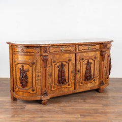 Marble Top Walnut Sideboard Buffet, Black Forest Hunt Carving, Sweden circa 1890