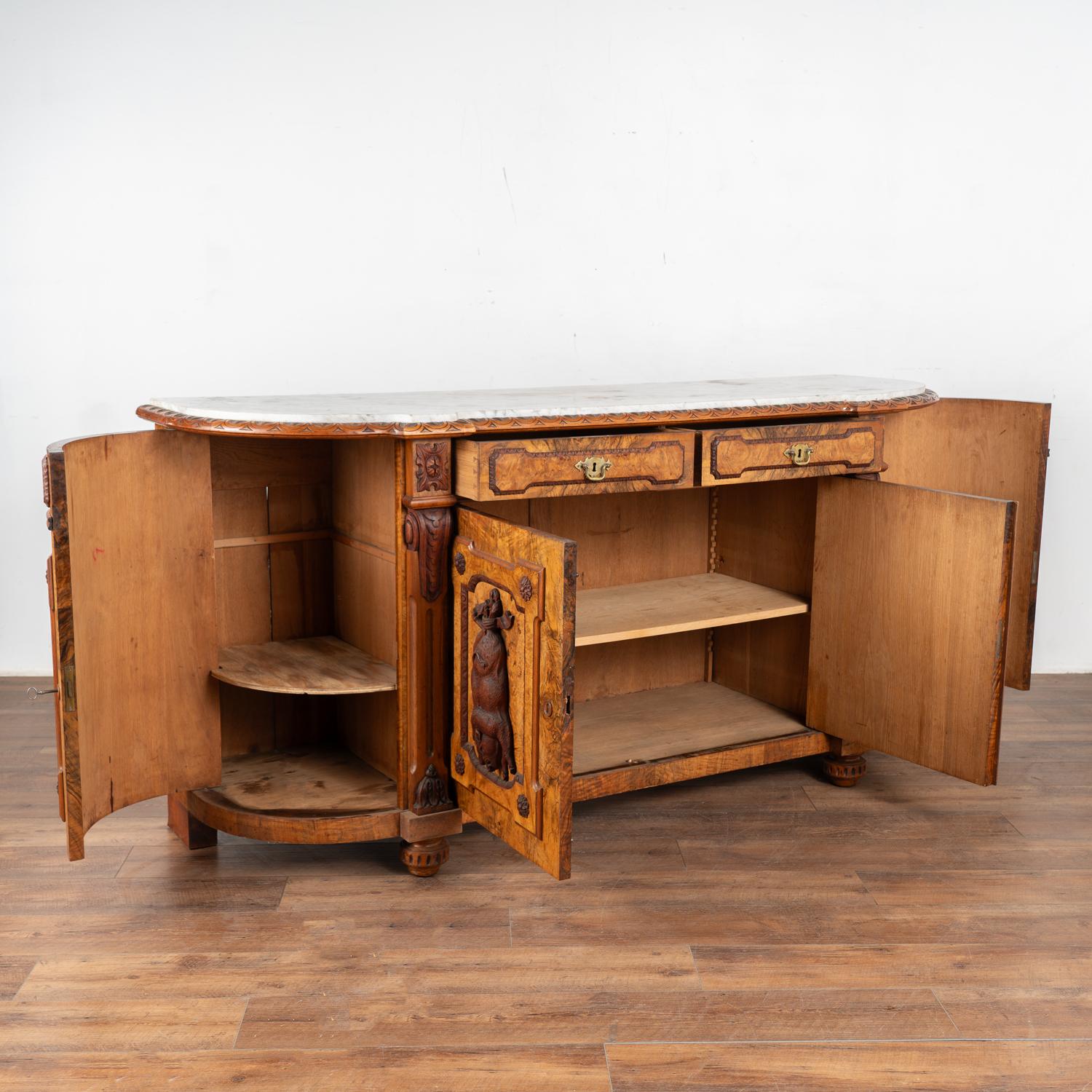 Swedish Marble Top Walnut Sideboard Buffet, Black Forest Hunt Carving, Sweden circa 1890