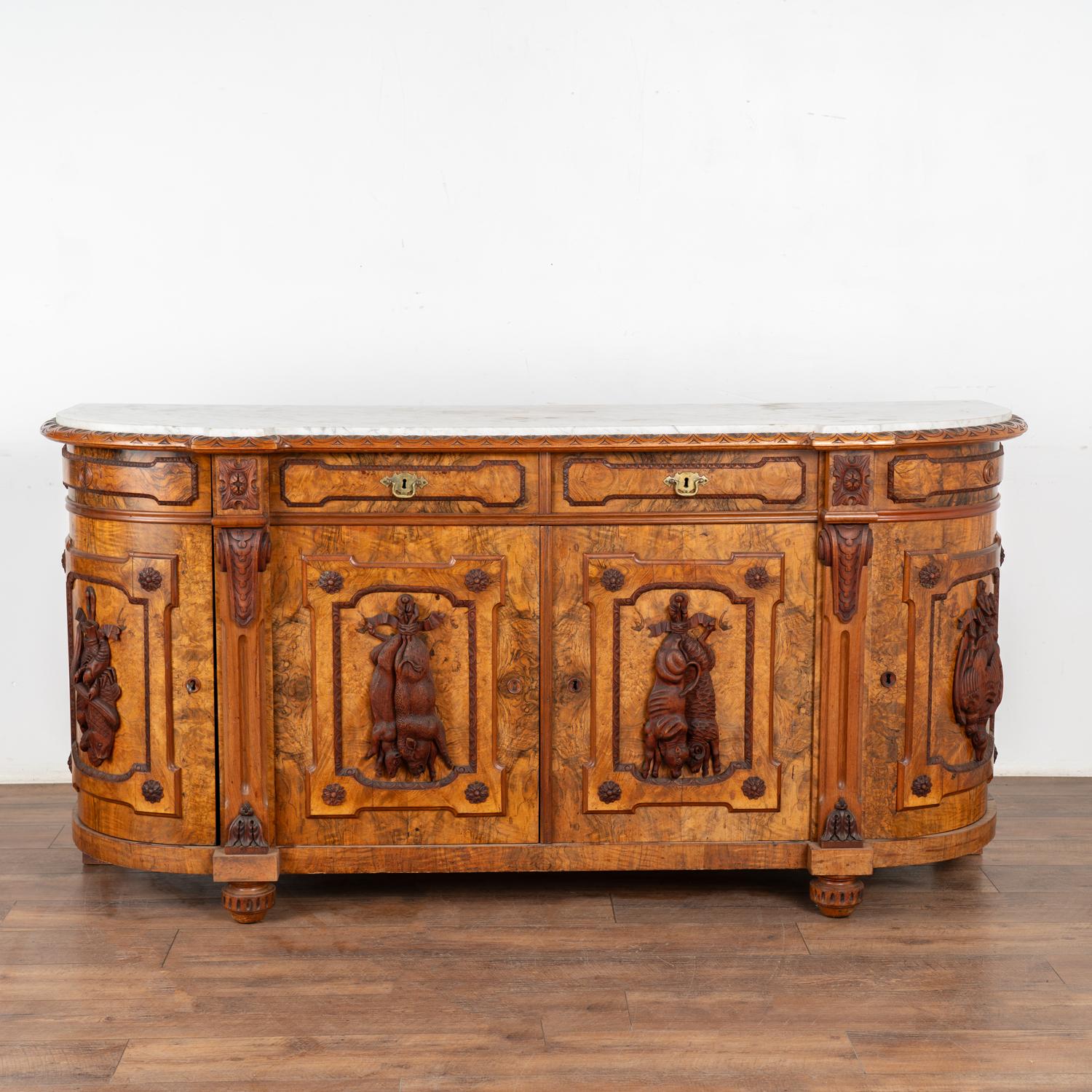 Marble Top Walnut Sideboard Buffet, Black Forest Hunt Carving, Sweden circa 1890 In Good Condition In Round Top, TX