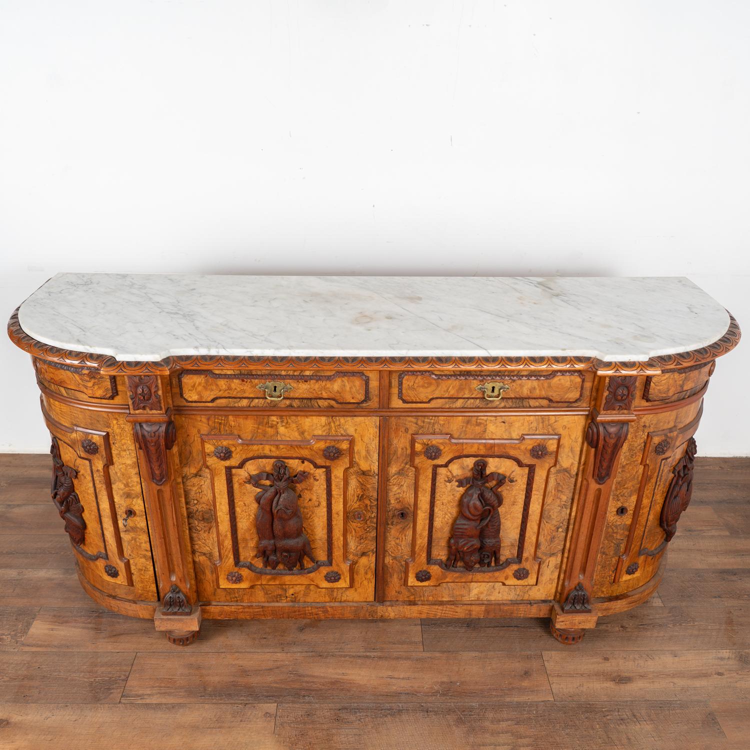 19th Century Marble Top Walnut Sideboard Buffet, Black Forest Hunt Carving, Sweden circa 1890